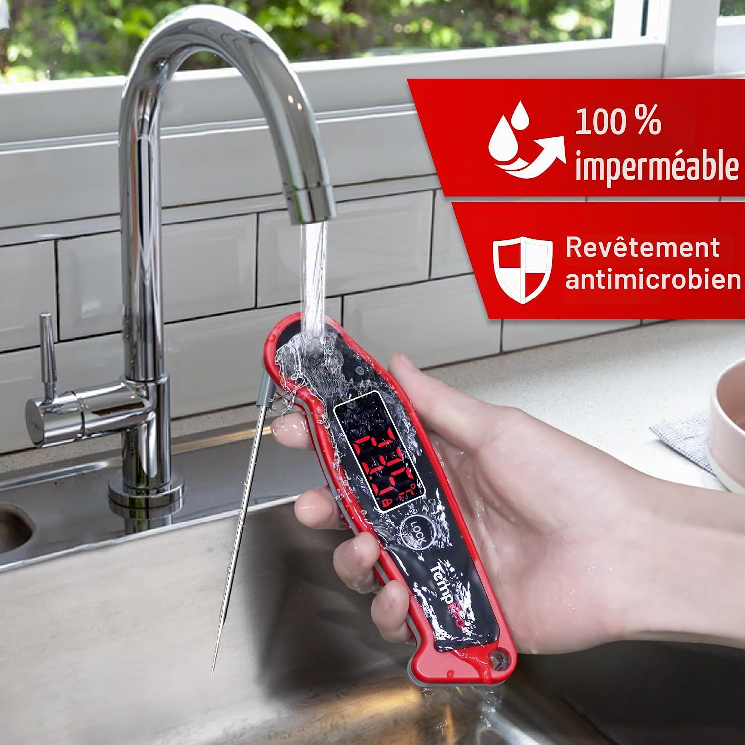 Detalle de TempPro TP-19 voedselthermometer, waterdicht met draaibaar lcd-scherm