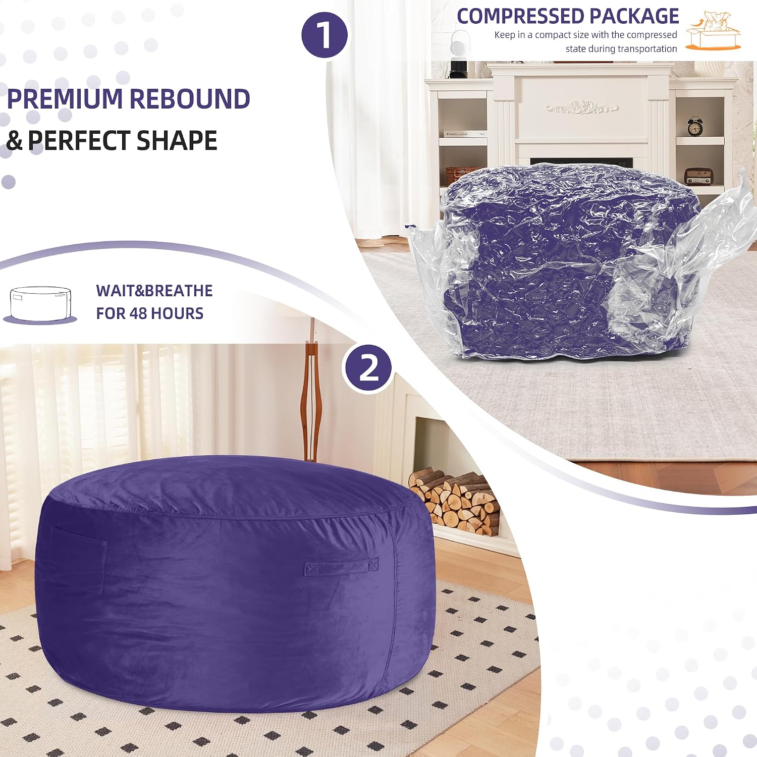 Thumbnail 6 de HABUTWAY BEAN BAG CHAIR 3FT Velvet Bean Bag Chair, Purple, Memory Foam