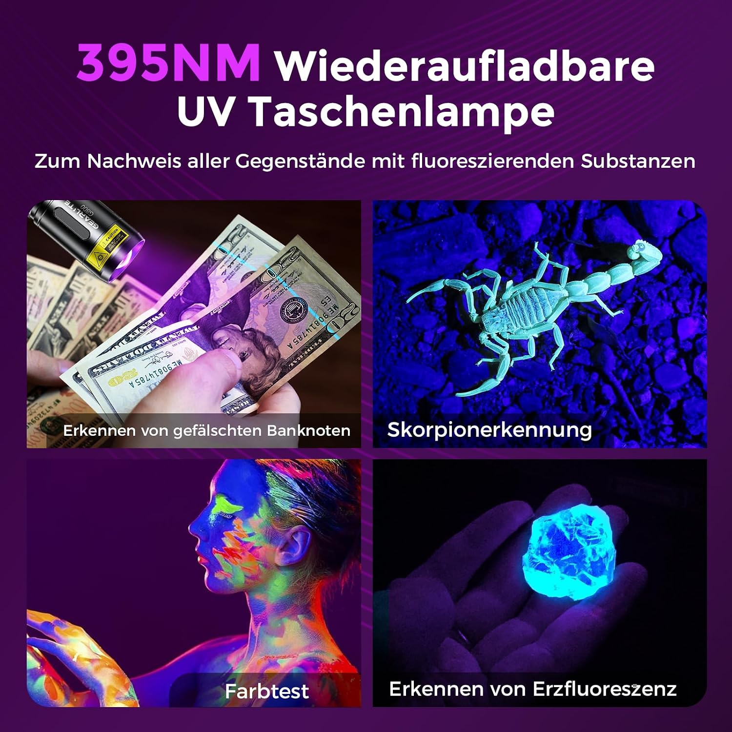 Thumbnail 5 de GEARLITE Wiederaufladbar LED UV 395nm Taschenlampe