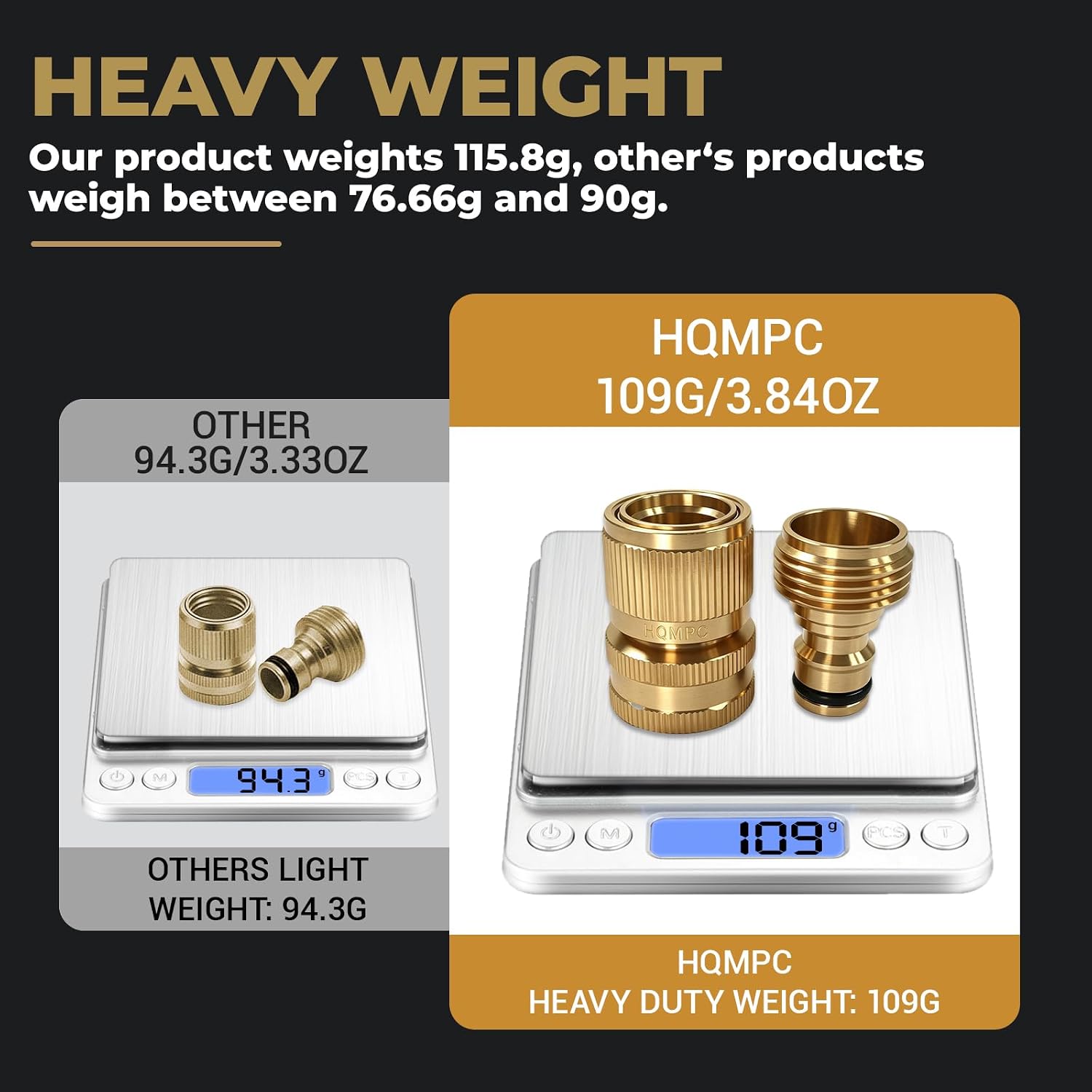 Detalle 2 de HQMPC Solid Brass 3/4" GHT Garden Hose Quick Connect Set (2 Sets, 2 Female + 2 Male)
