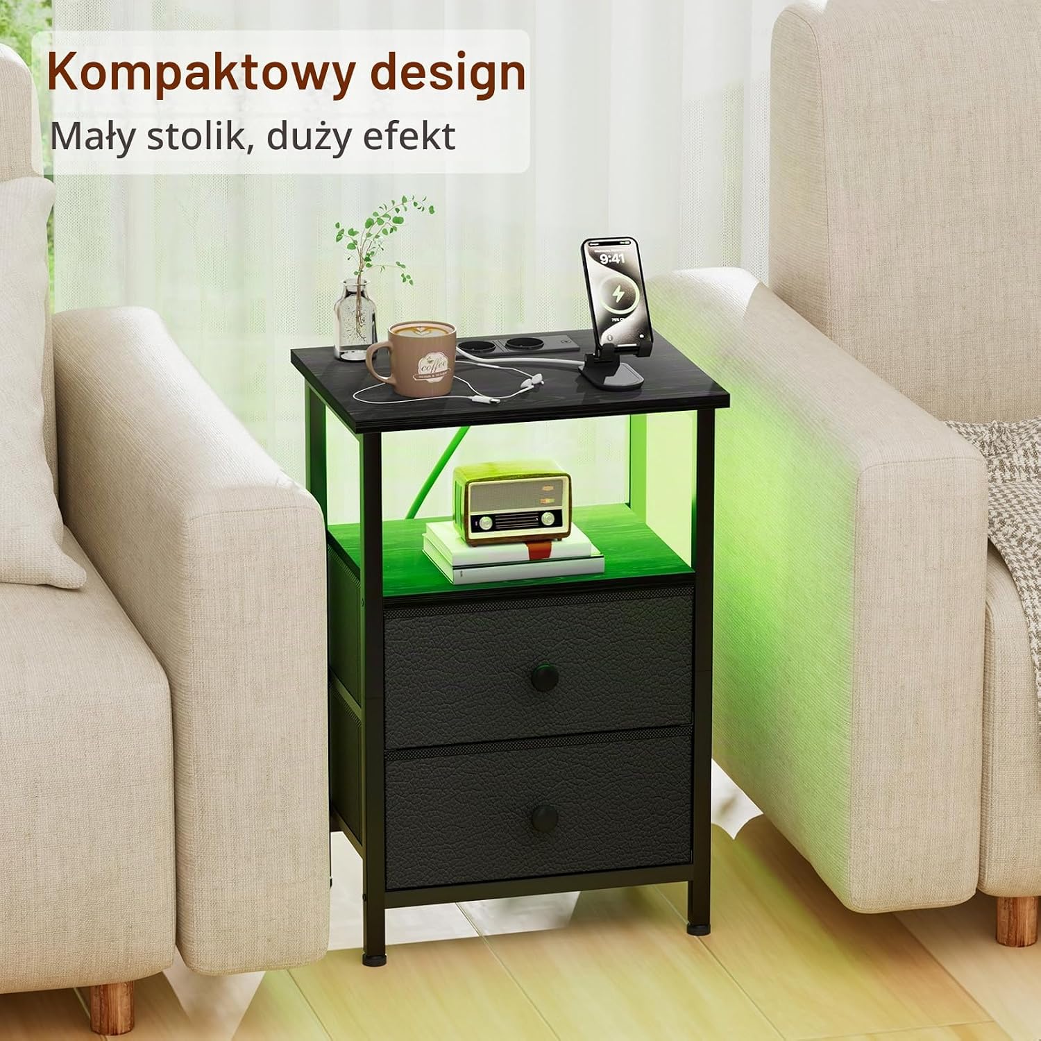 Detalle 1 de AMHANCIBLE EHETS02BK-1 – czarny stolik nocny z LED, gniazdami i 2 szufladami
