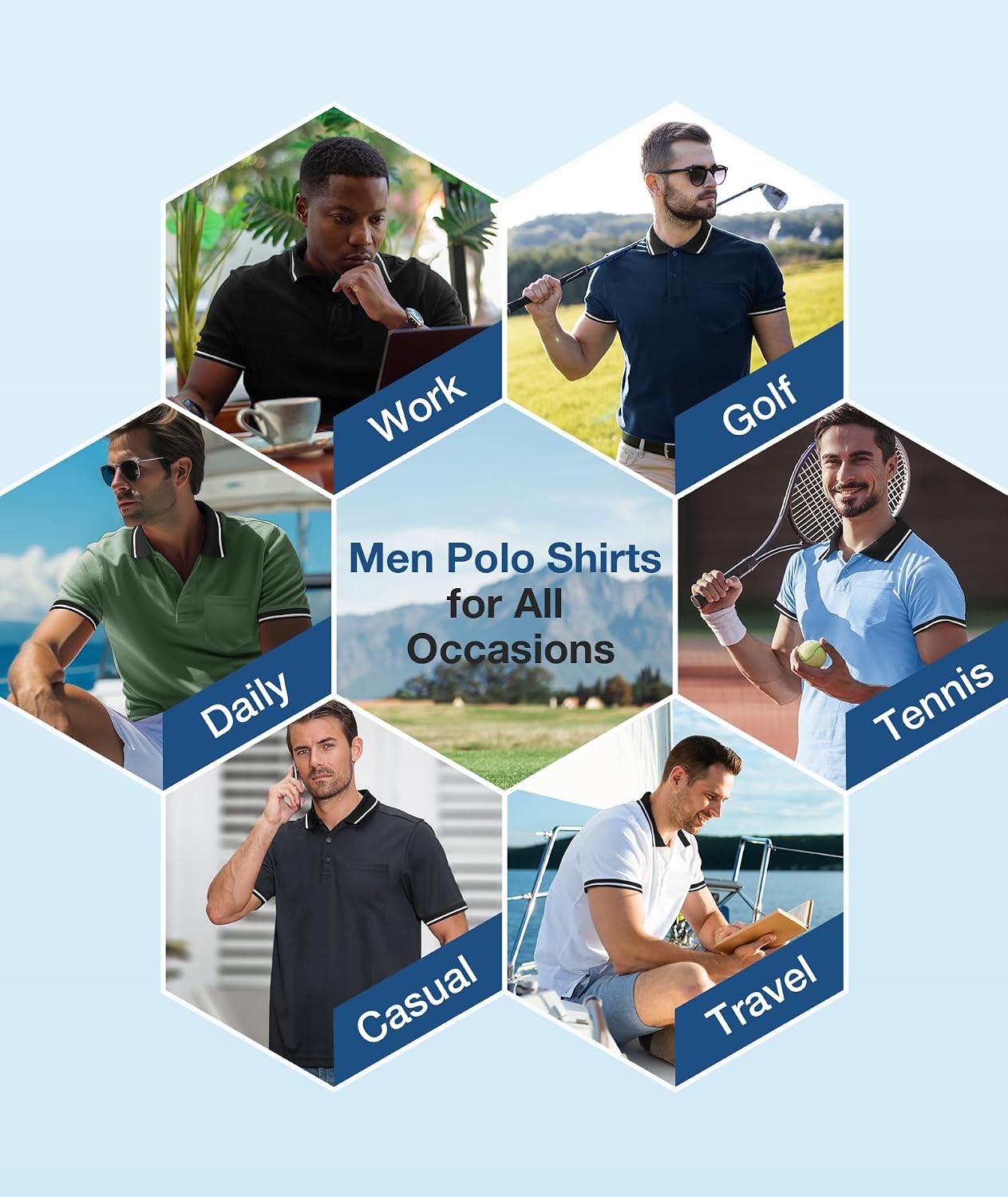Detalle 2 de GEEK LIGHTING Men's Polo Shirts with Pocket 5 Pack