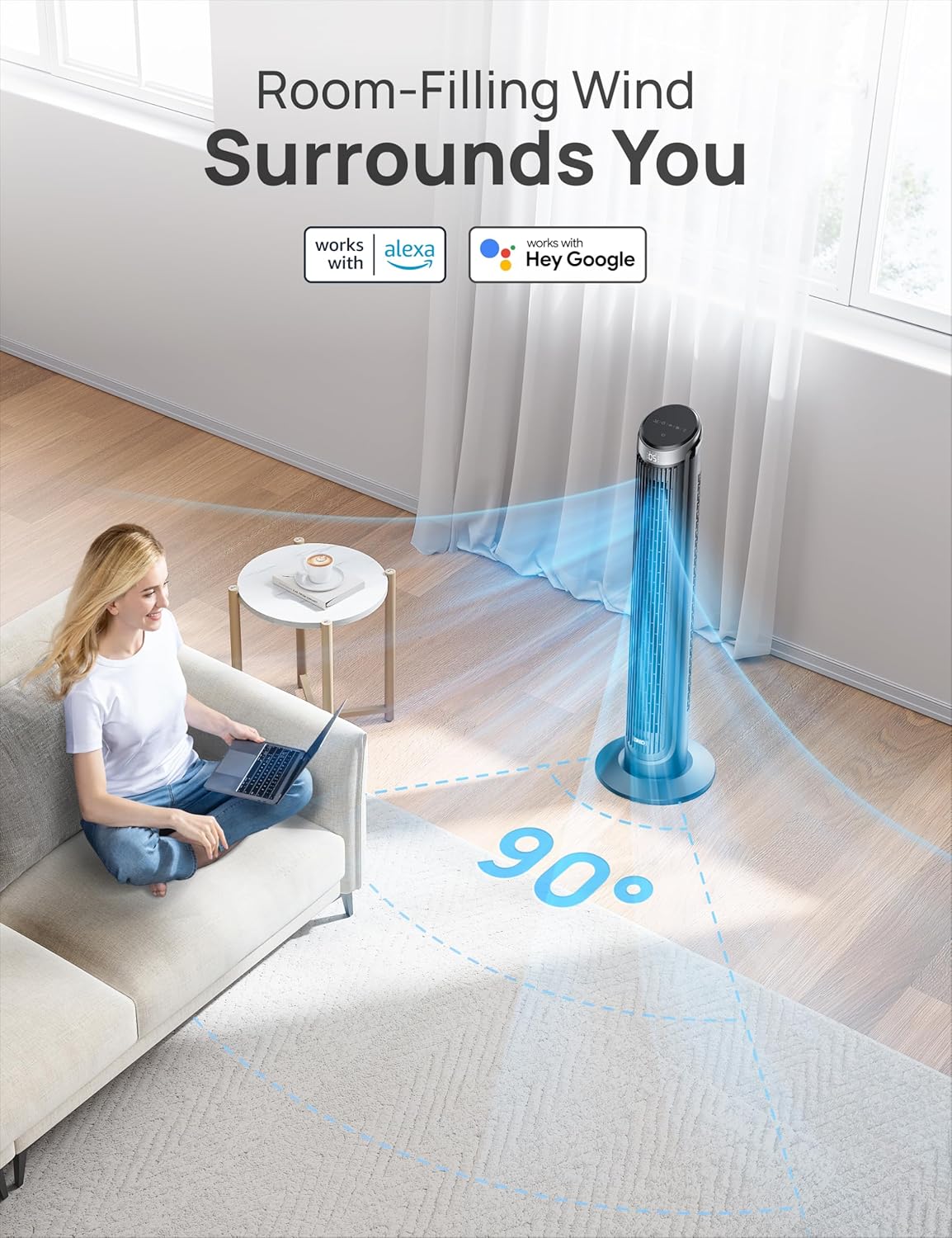 Thumbnail 5 de DREO Smart Tower Fan for Bedroom (90° Oscillating) – 7.9m/s, 5 Speeds, Quiet 28dB, Touch/Remote/App & Alexa