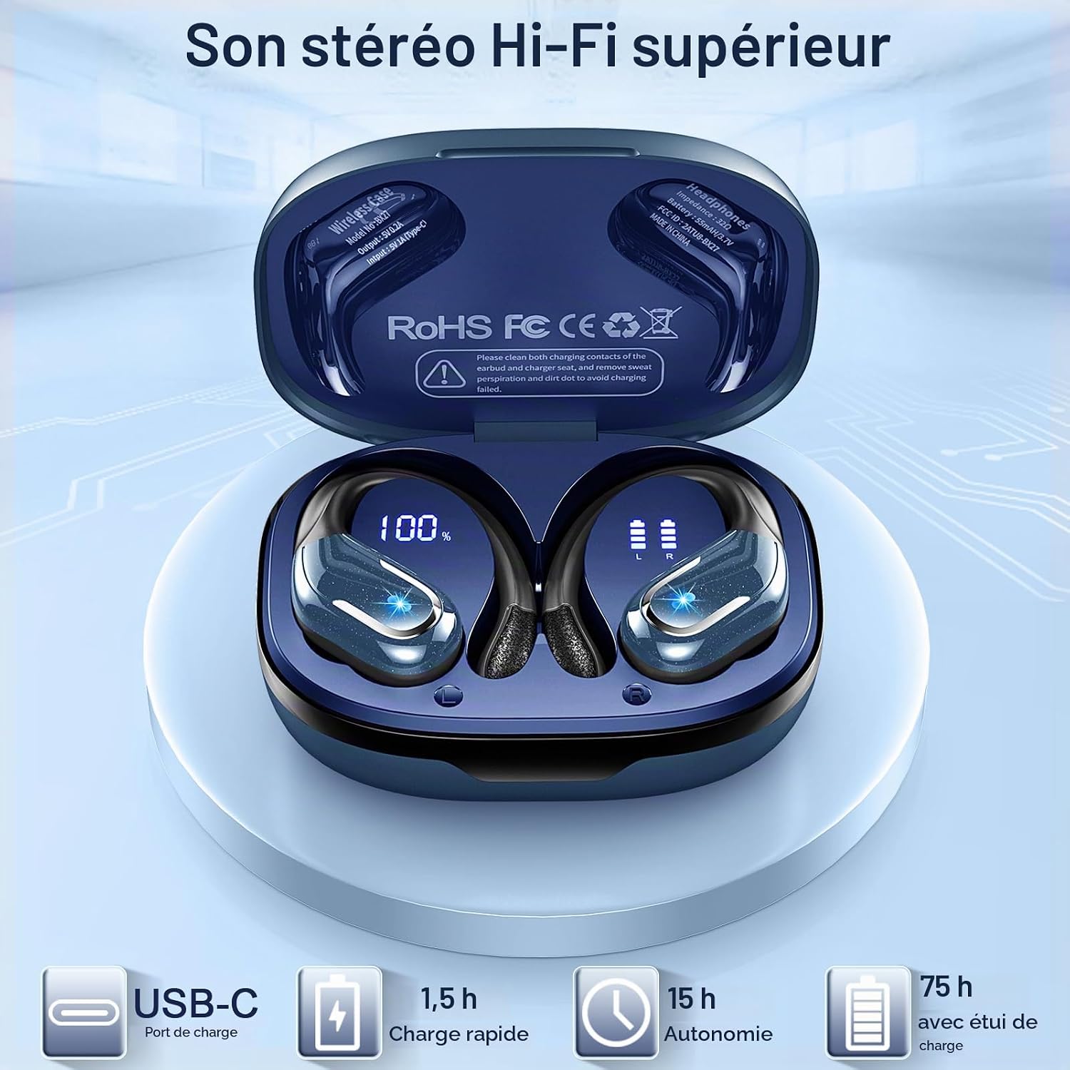 Detalle 1 de Rulefiss draadloze sportoordopjes met oorhaken, Bluetooth 5.4 en ENC