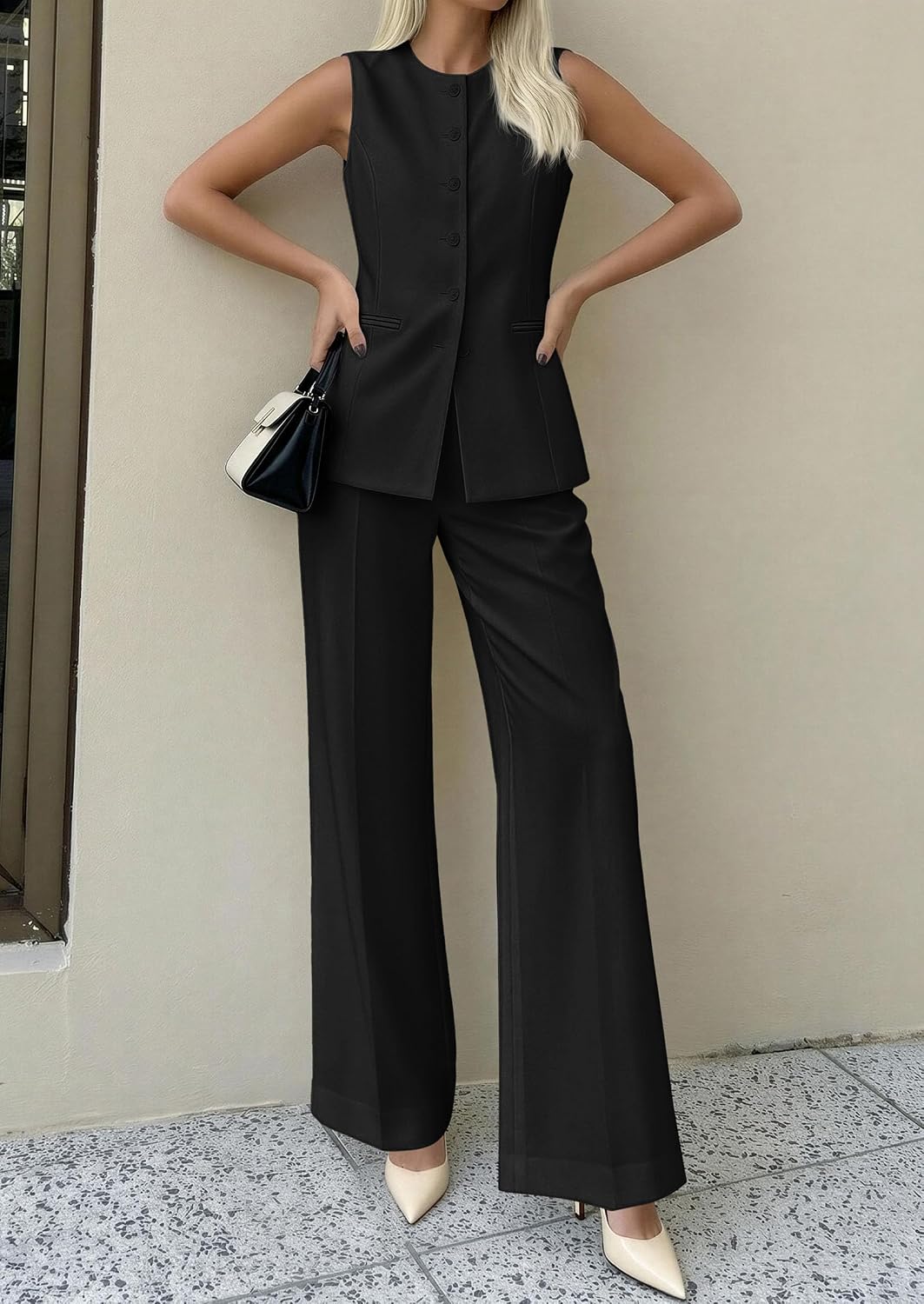 Detalle 2 de PRETTYGARDEN Women's 2 Piece Sets: Sleeveless Blazer Vest + Wide-Leg Pants, Spring/Summer Business Casual