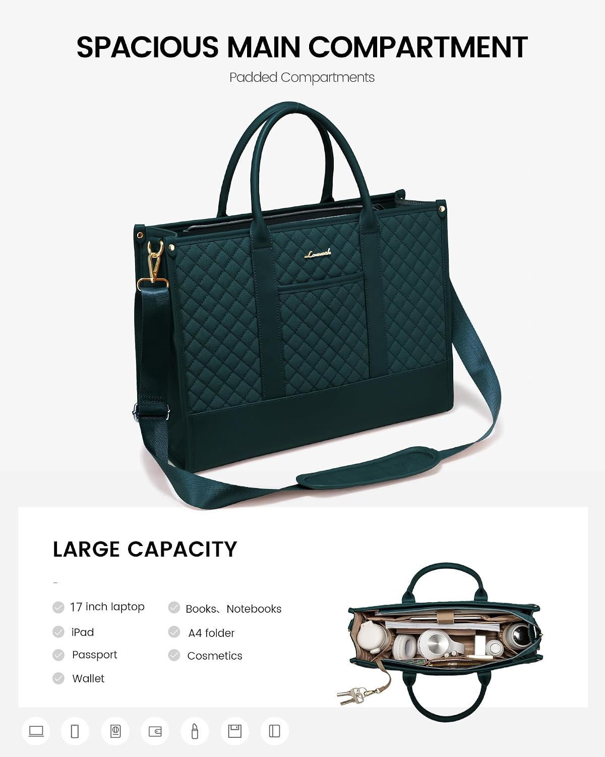 Detalle de LOVEVOOK Laptoptasche Damen 17 Zoll – Große, wasserdichte Arbeitstasche mit viel Stauraum