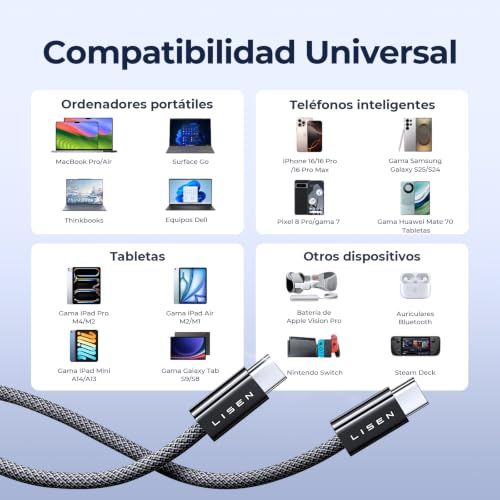 Detalle 2 de LISEN 240W: Cable USB C a USB C con carga rápida PD3.1 EPR, 2 m