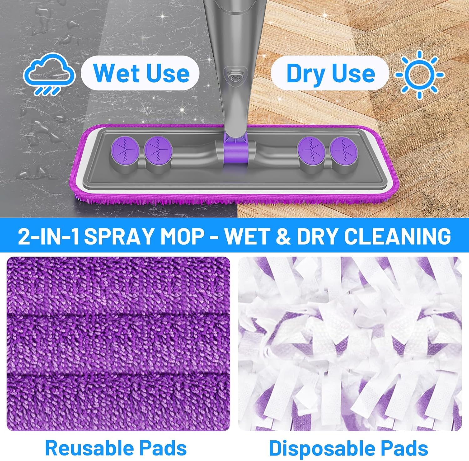 Detalle de IOPRETTY Spray Mop for Floor Cleaning — Wet/Dry Mop with Reusable & Disposable Pads
