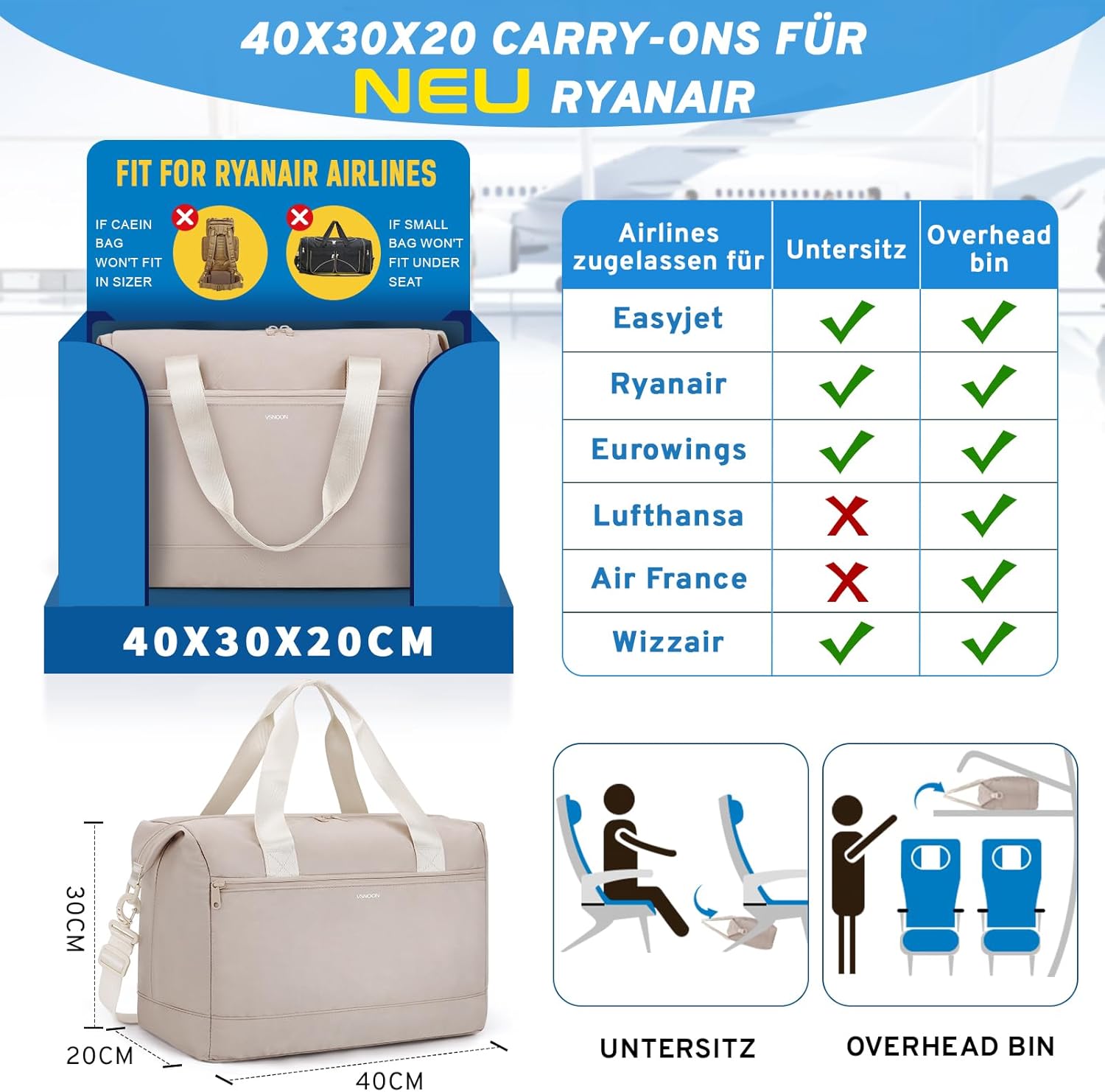 Detalle de VSNOON Handgepäck-Tasche 40x30x20 für Ryanair (40 × 30 × 20 cm), faltbar bis zu 25 l, Khaki