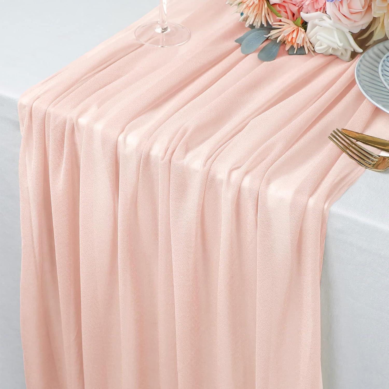 Detalle 2 de Foatcox ZQ122 lichtroze chiffon tafelloper van polyester, 77 x 300 cm