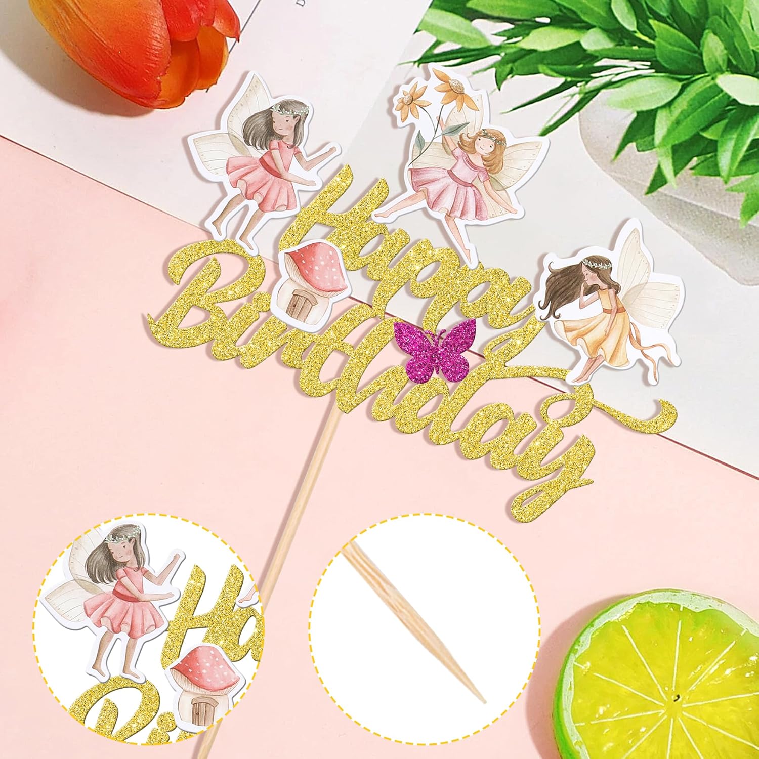 Thumbnail 2 de SYKYCTCY 1 Pack Happy Birthday Fairy Cake Topper – Glitter Flower Fairy Garden Party Picks