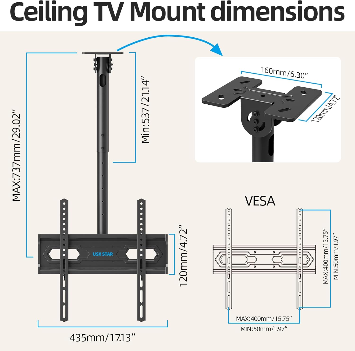 Thumbnail 6 de USX STAR Ceiling TV Mount (26–65 in) | 360° Swivel Full-Motion, Height-Adjustable, Max VESA 400x400
