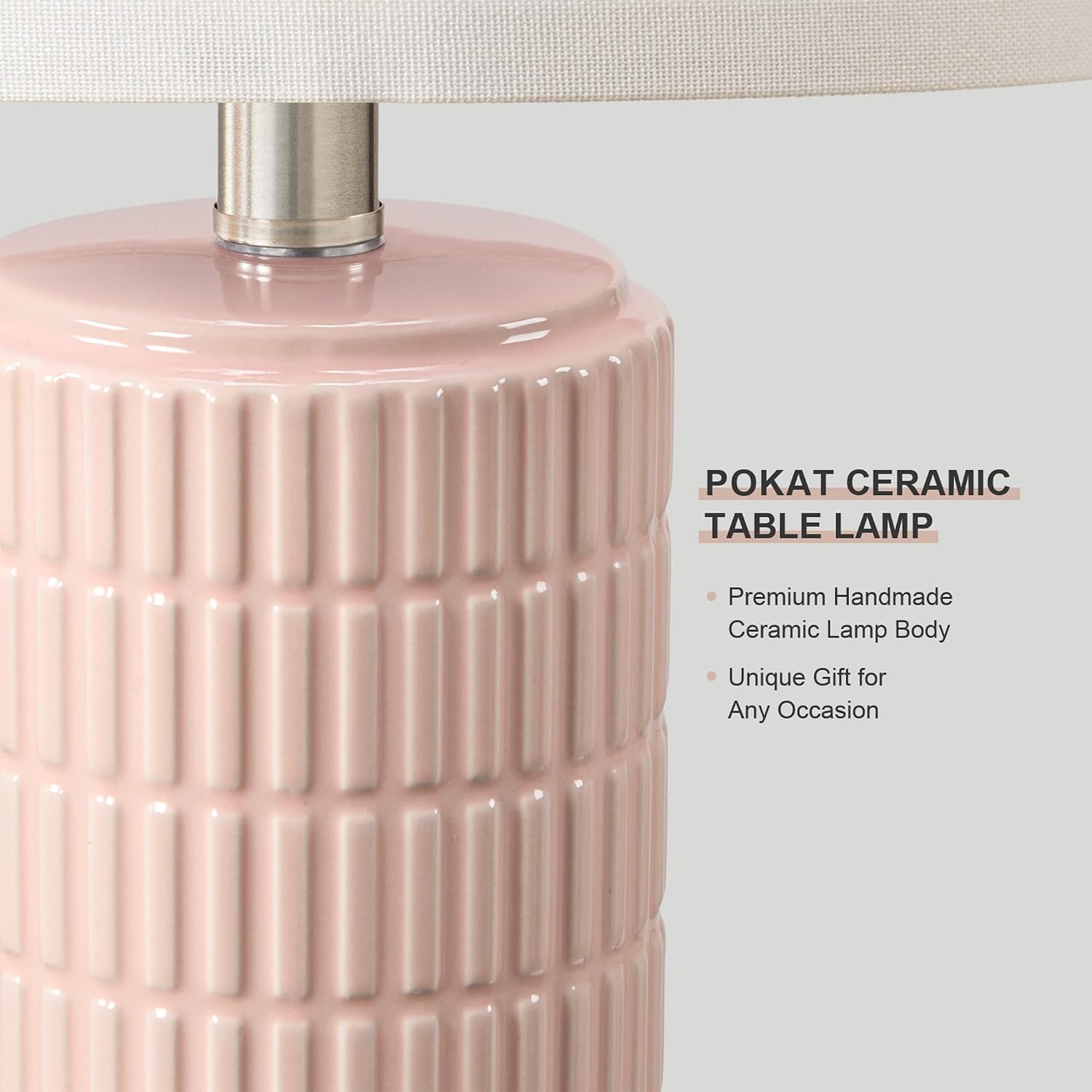Detalle de PoKat AMZ-T1102S-PK-PCB-1 Ceramic Table Lamp, 21-Inch Pink with Linen Shade