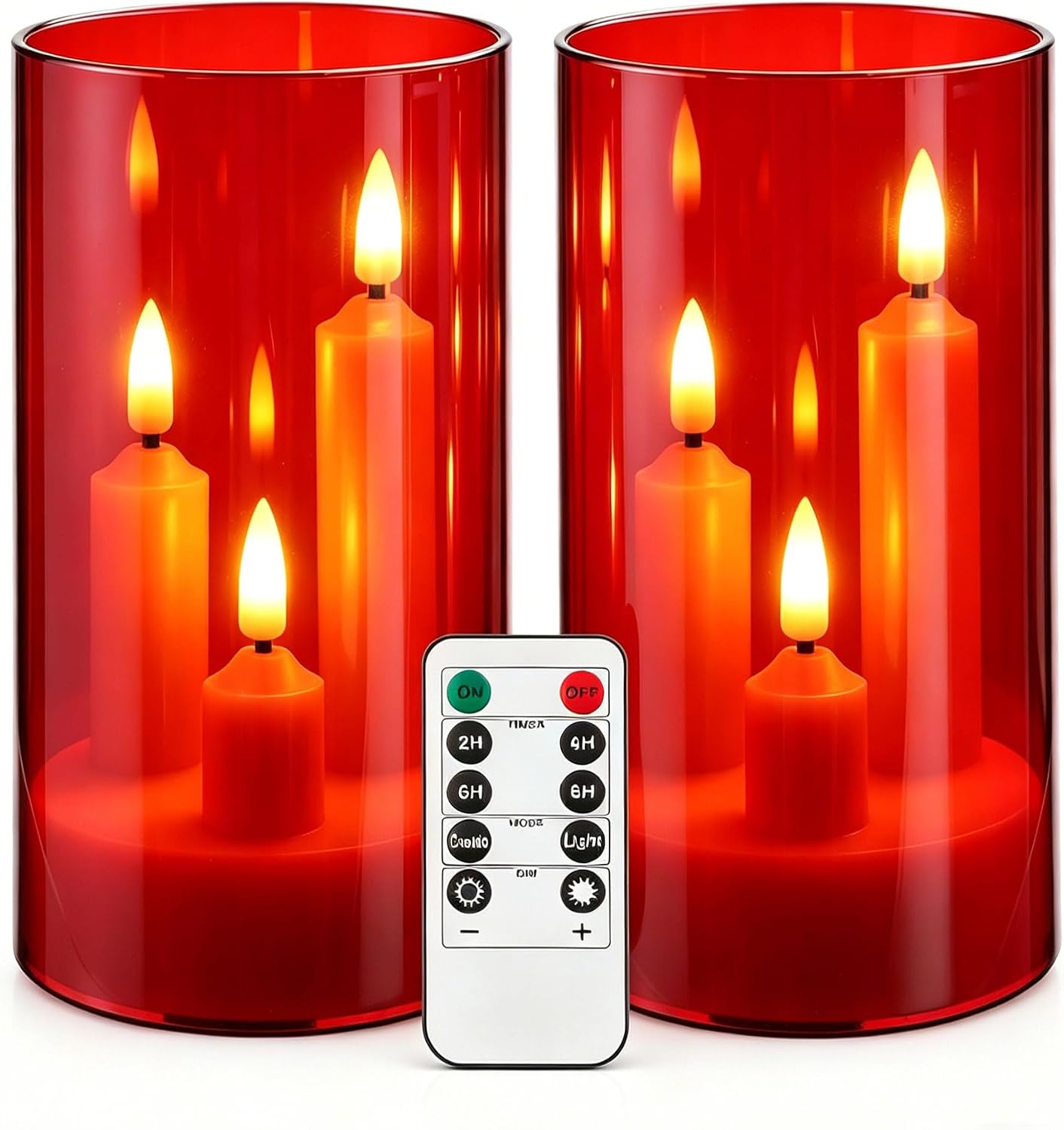 Detalle de Candele LED a Stelo con 3 Nuclei in Custodia Acrilico Rosso — 2 pezzi, telecomando, effetto fiamma realistico