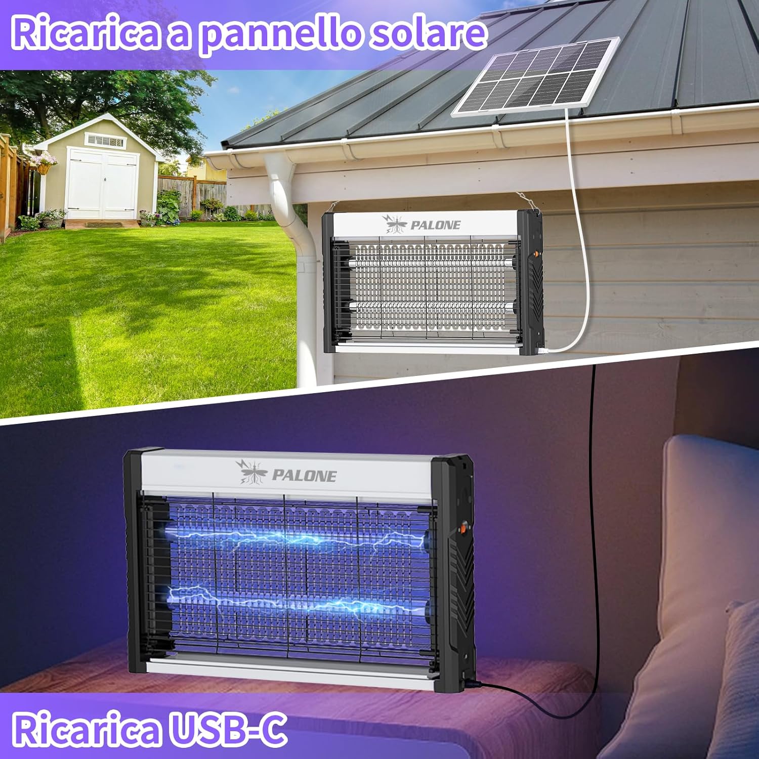 Detalle de PALONE Lampada Antizanzare Elettrica con Ricarica Solare 3600mAh – Protezione versatile per interni ed esterni