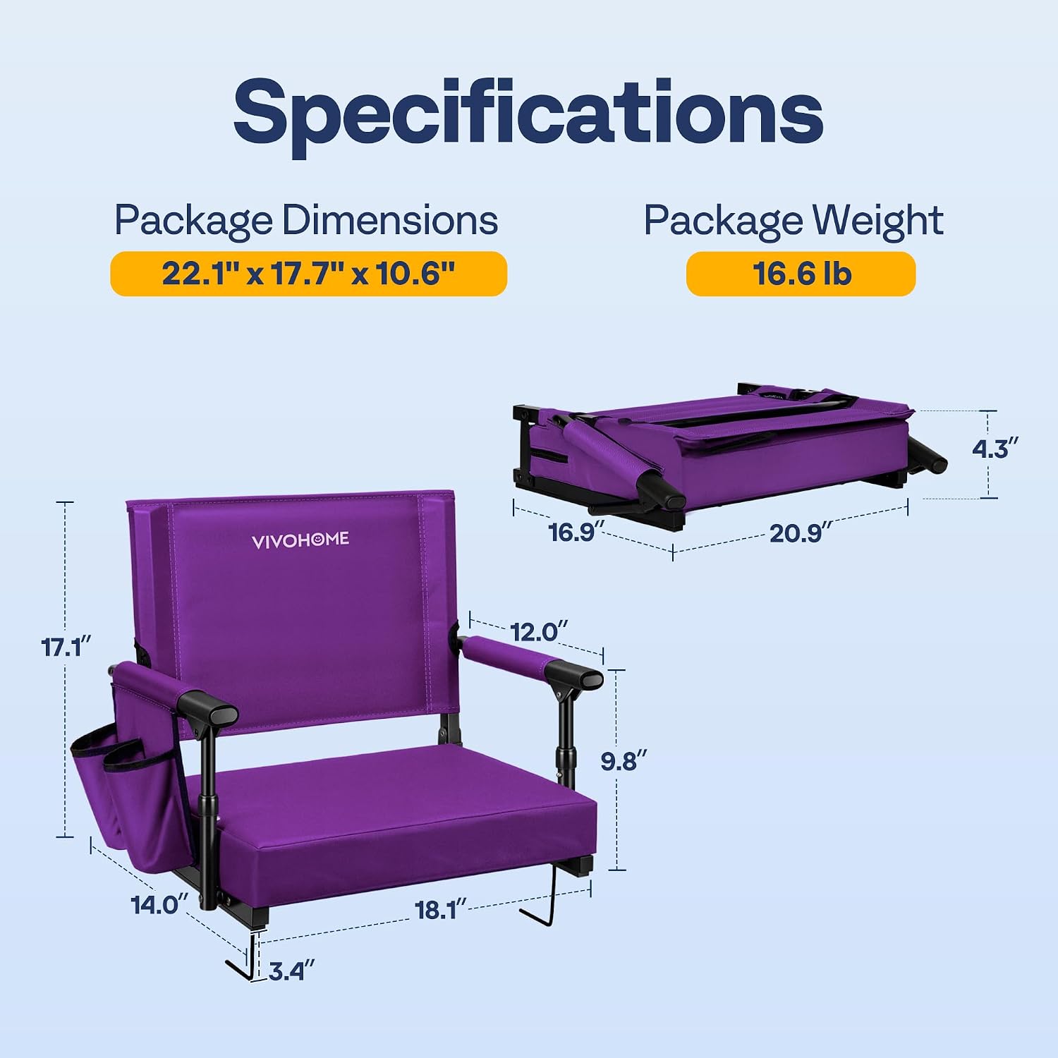 Detalle 2 de VIVOHOME VH1430-PU Stadium Seats with Back Support, Foldable, Purple, 2-Pack