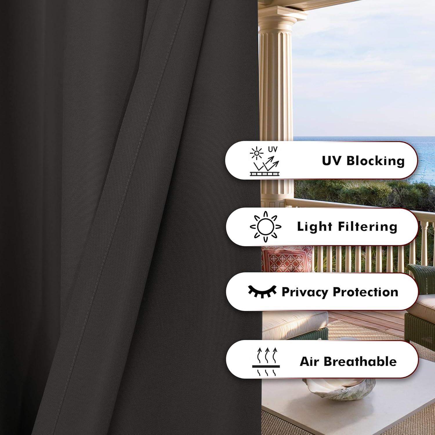 Thumbnail 3 de BONZER Waterproof Outdoor Curtains (1 Panel) 150W x 84L in, Charcoal