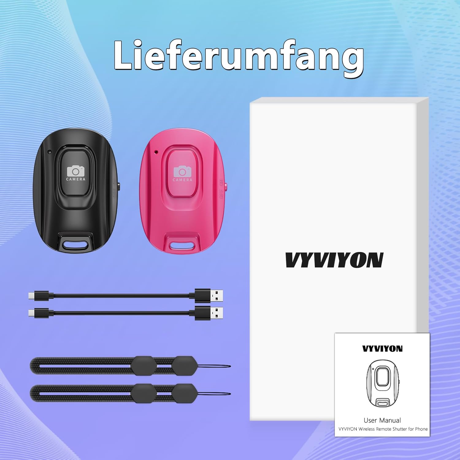 Thumbnail 6 de VYVIYON Bluetooth-Kameraauslöser für iOS & Android – Wiederaufladbare Fernbedienung mit Selfie-Knopf (2er Pack, Black & Pink)
