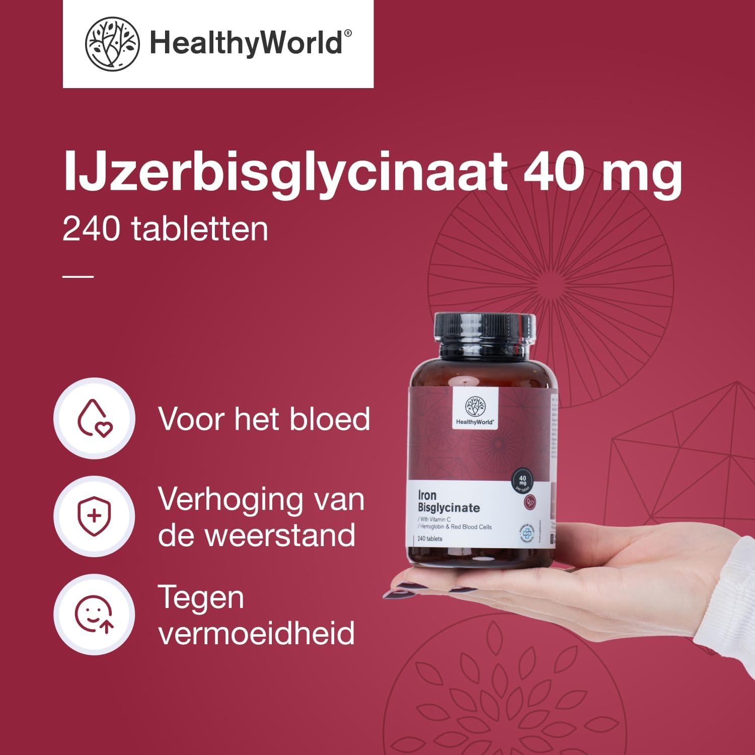 Detalle 2 de HealthyWorld IJzer Bisglycinaat tabletten 40 mg met vitamine C, 240 stuks