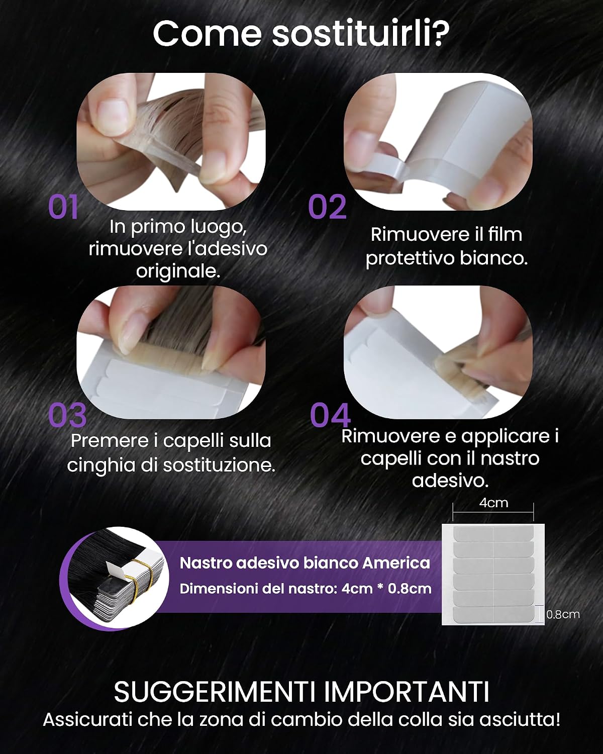 Detalle 2 de LaaVoo Extension Capelli Veri Biadesivo 55 cm – 20 pz, Nero Naturale