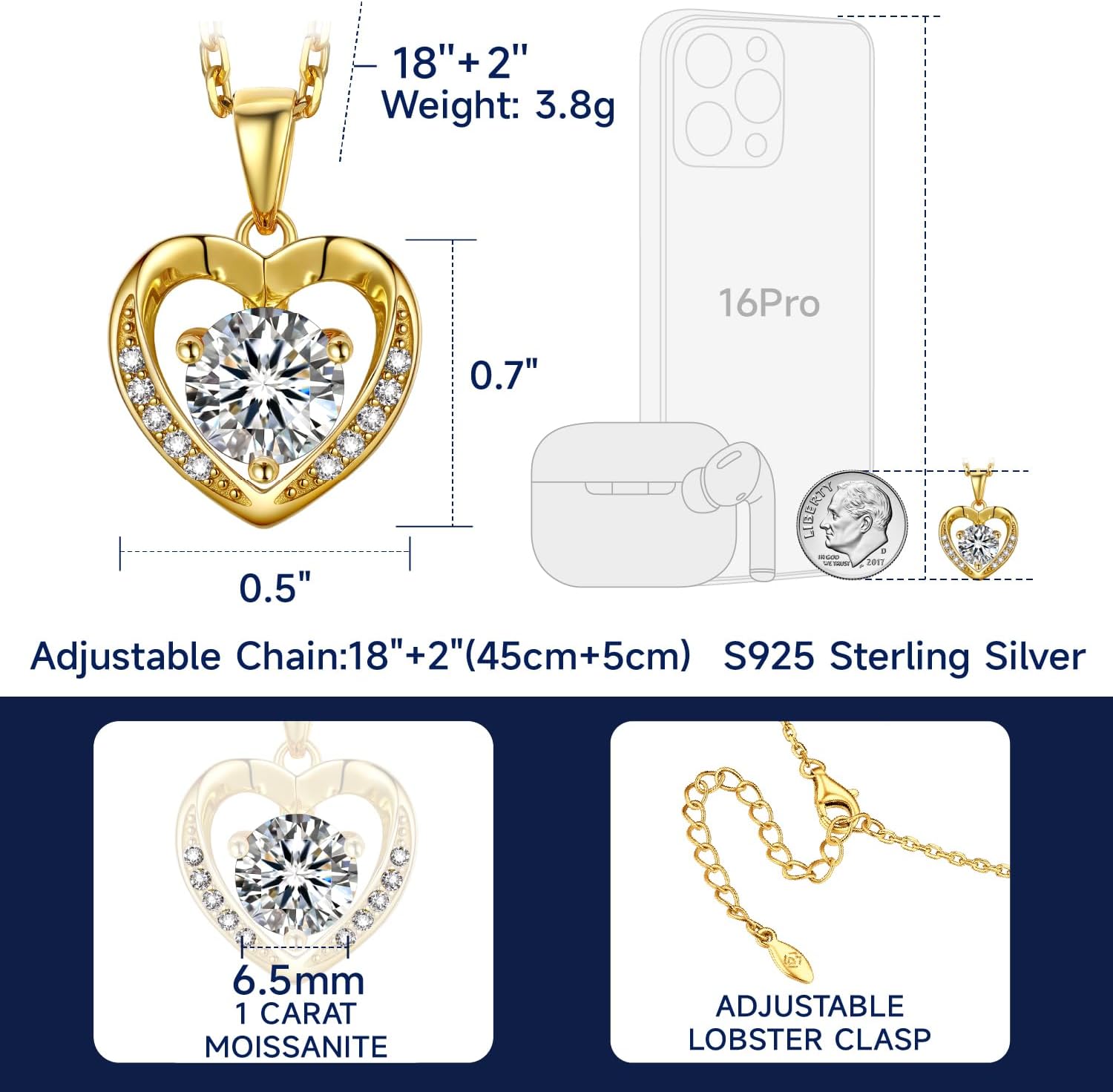 Detalle 2 de MomentWish Halskette Damen Silber 925 mit Herz-Anhänger aus Moissanit (Rosegold Beschichtung)