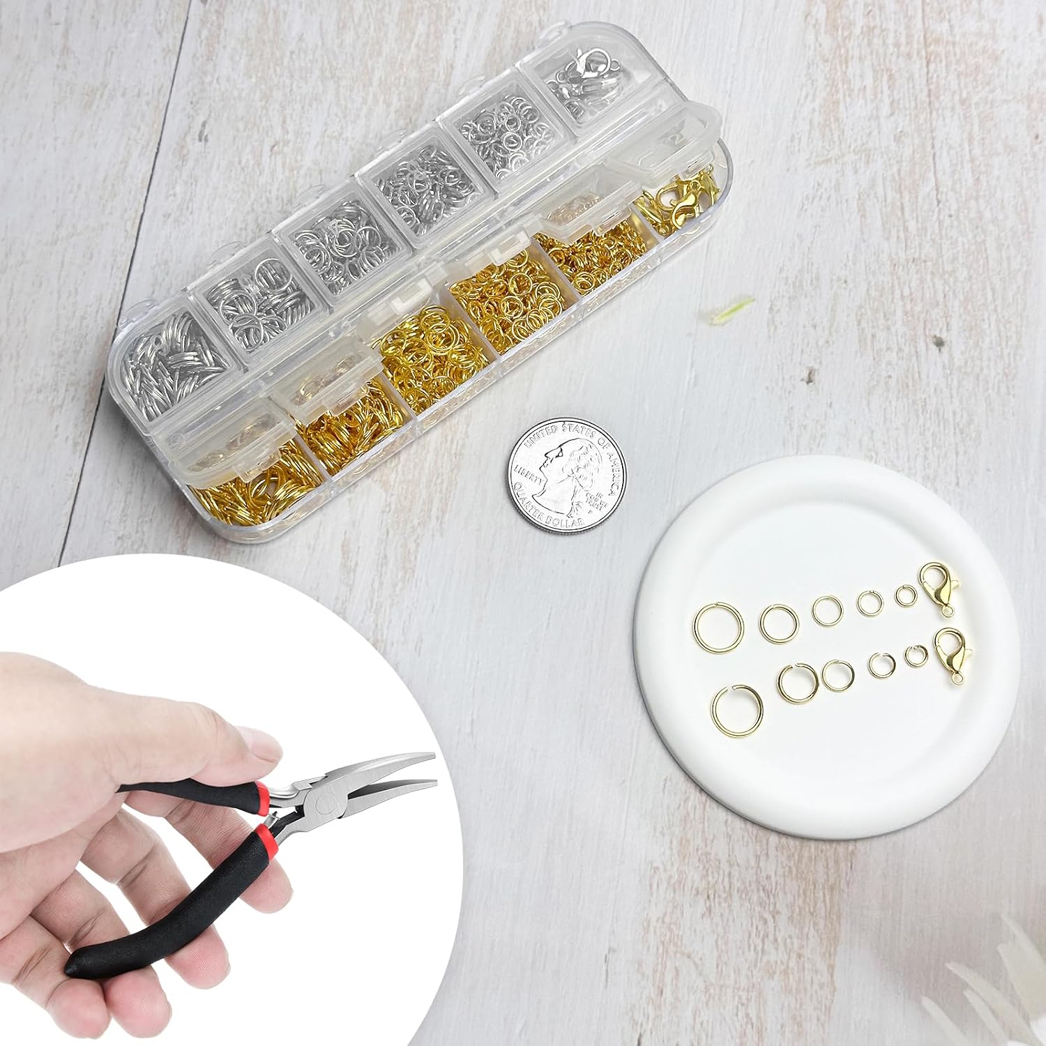 Detalle 1 de Qulltk A-Silver&Gold Jewelry Making Kit, 1,200 Jump Rings in Five Sizes