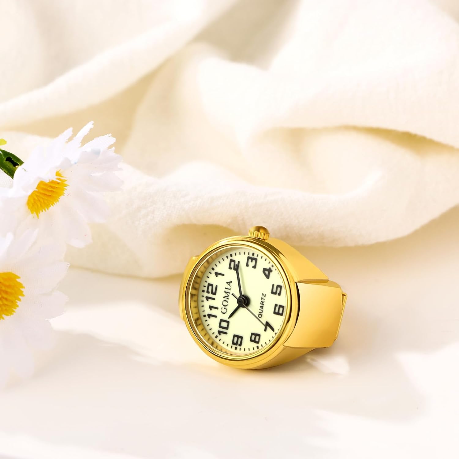 Detalle de JewelryWe Ringuhr Fingeruhr mit elastischem Zugband – grünleuchtendes Zifferblatt, Quarzuhrwerk