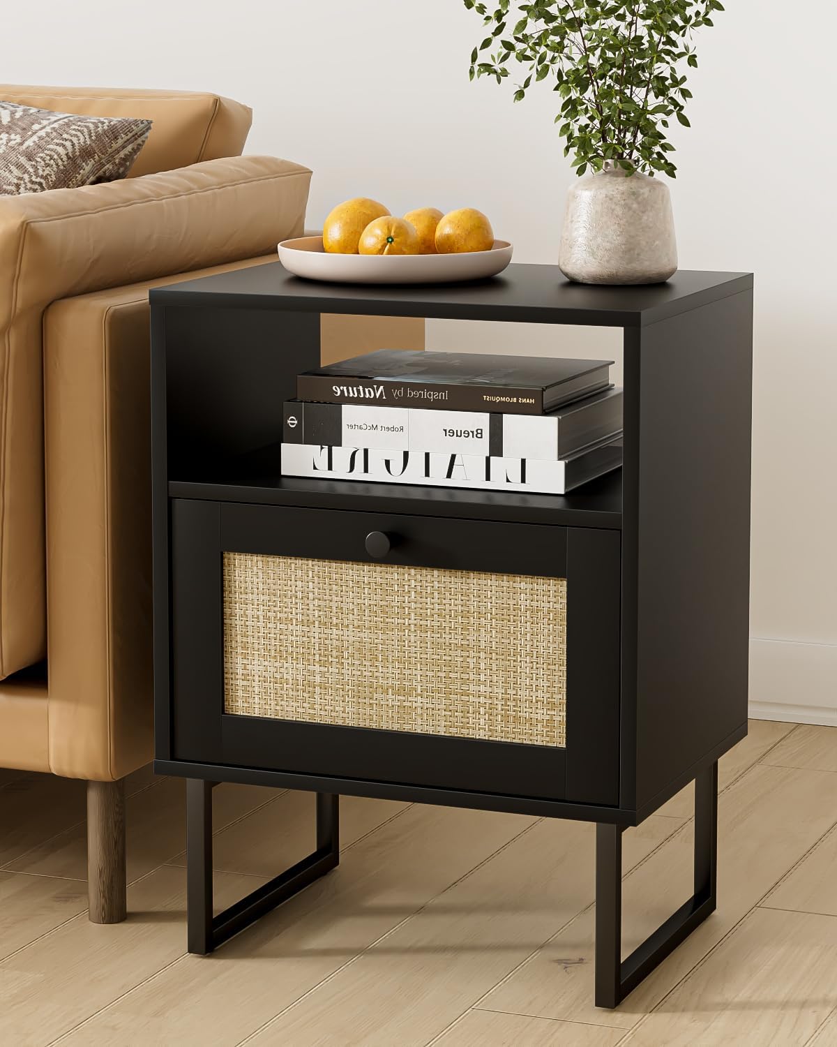 Detalle de Masupu CA-HZ1378 Rattan Nightstand, Black, with Side-Opening Drawer and Open Shelf