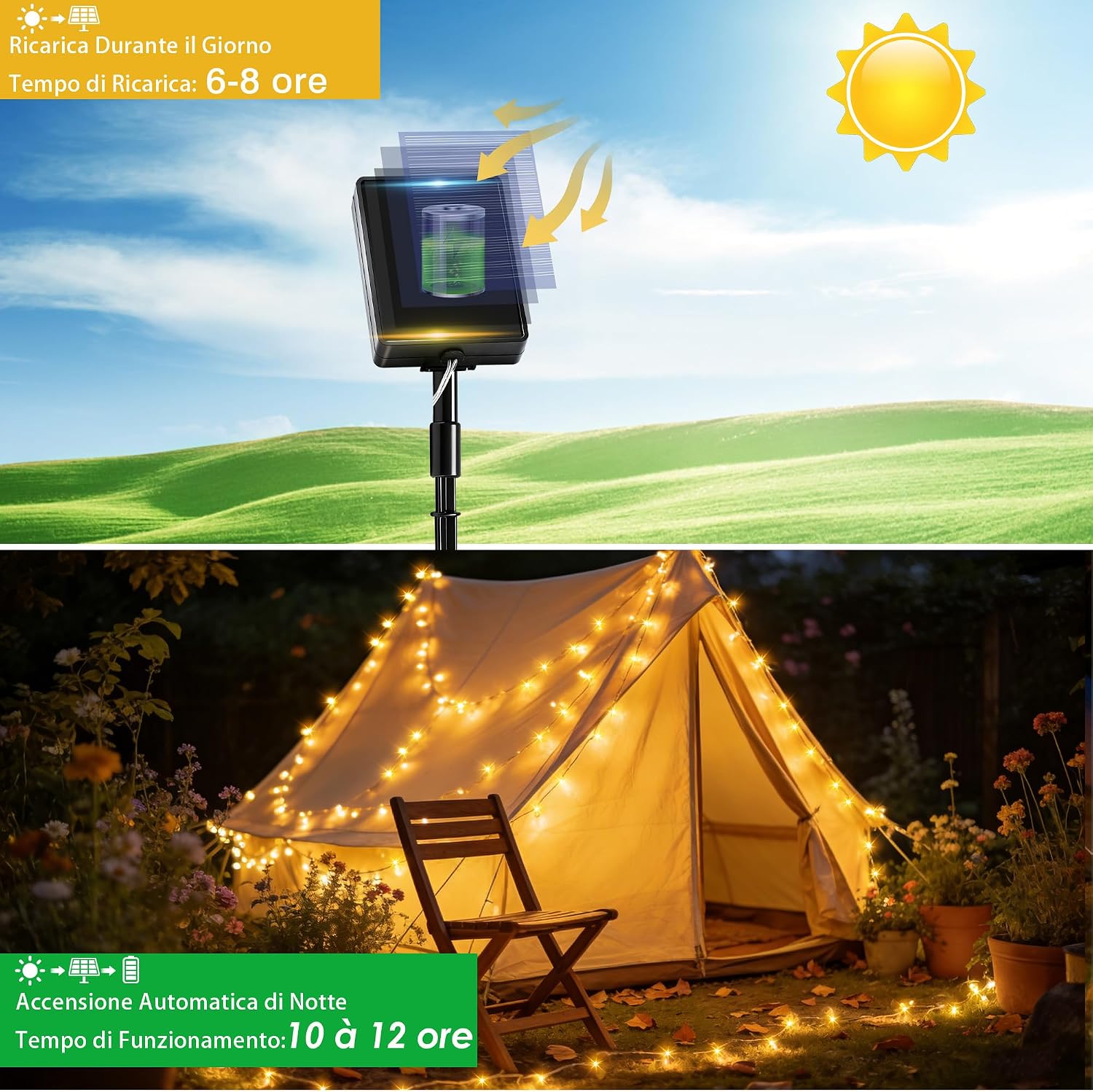 Detalle 2 de Luci Solari Esterne Luci Solari Esterno 3 Pacchi 15+2M 150LED IP65 - Filo di Rame, Bianco Caldo
