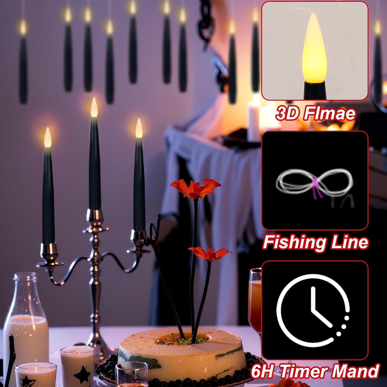 Thumbnail 3 de Eldnacele LED Schwebekerzen 22er-Set mit 6H-Timer, Fernbedienung und Zauberstab – schwebende, flammenlose Stabkerzen in Schwarz (Höhe 15,5 cm) für Halloween