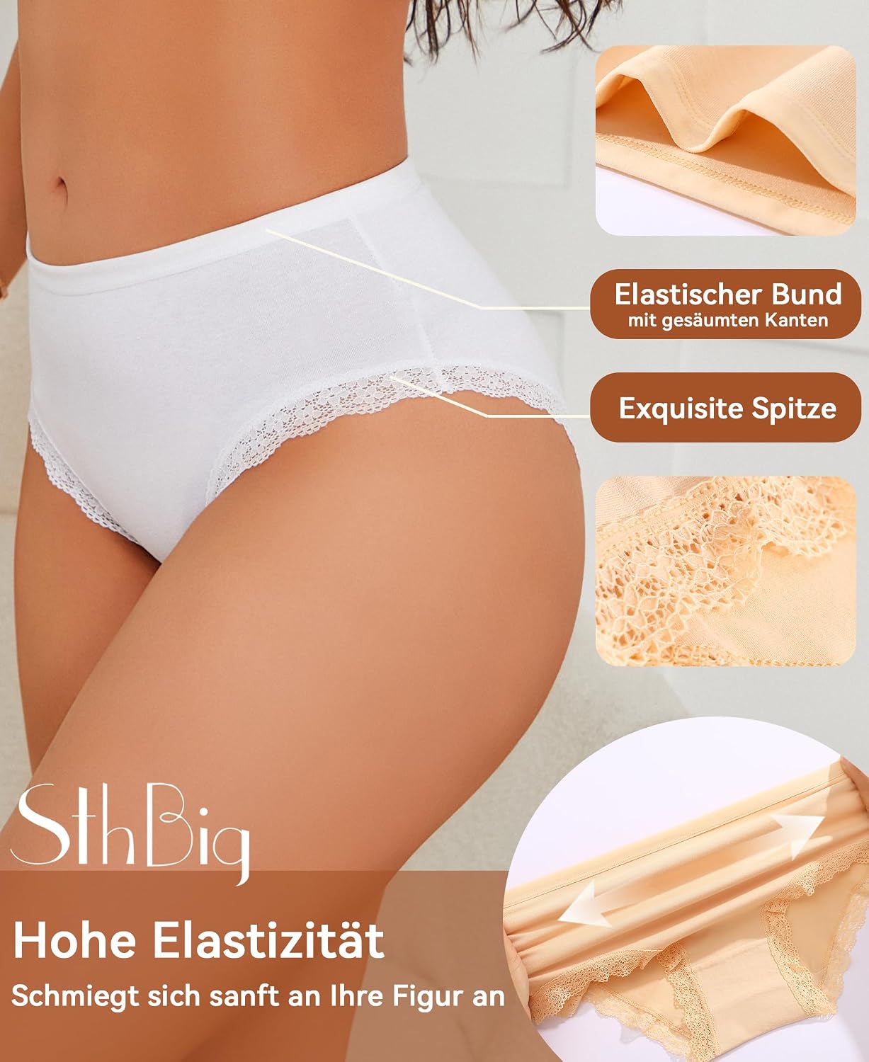 Detalle de Sth Big Mutande Donna Cotone Vita Alta con Pizzo – Comfort e stile per l’uso quotidiano