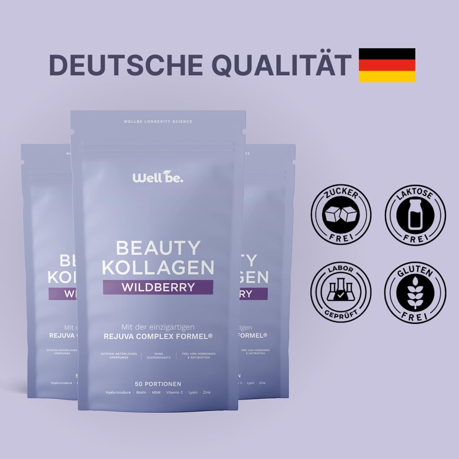 Detalle de Wellbe Kollagen Pulver Wildberry – hochdosierte Kollagenpeptide, Hyaluron und Vitamine (3 x 250 g)