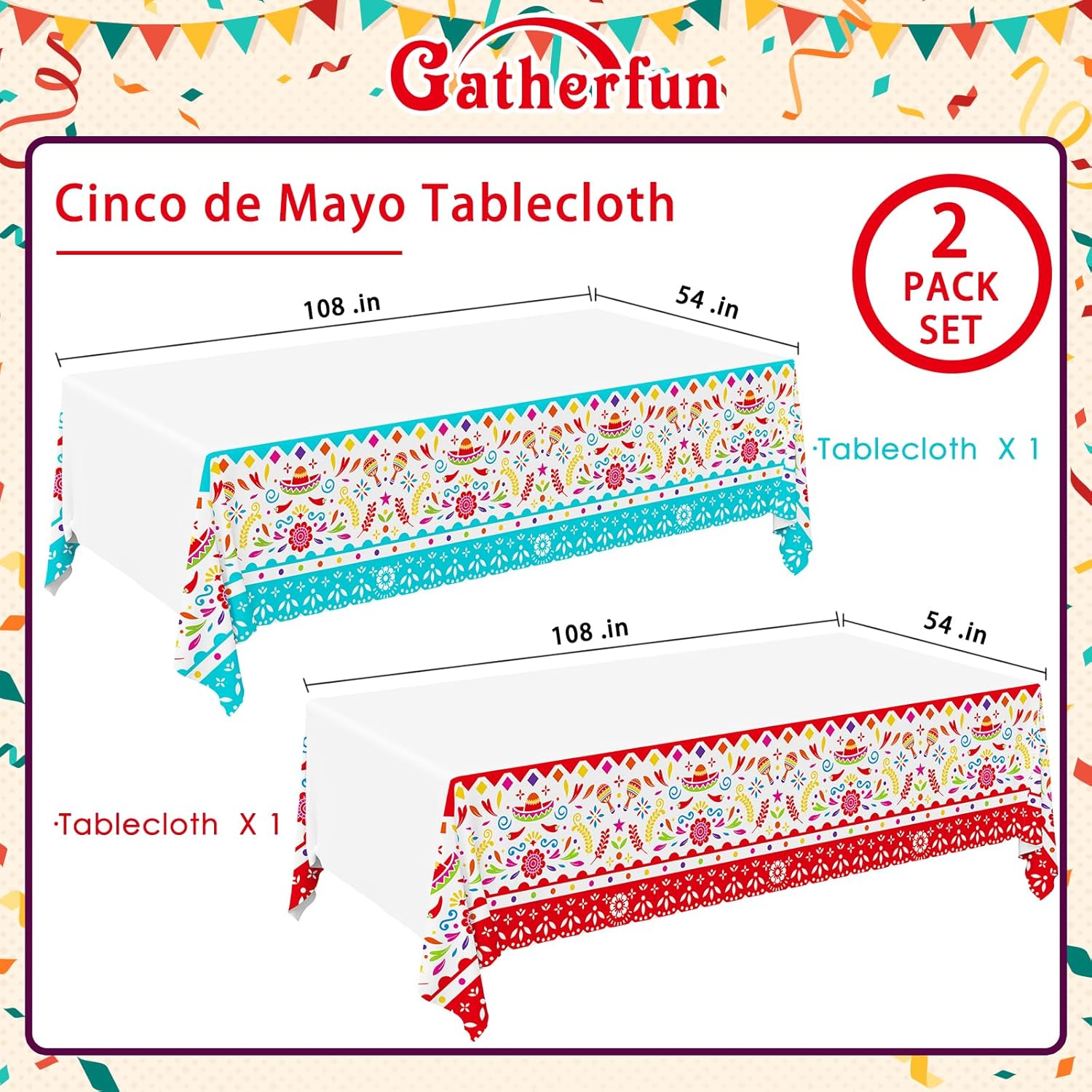 Detalle de Gatherfun Fiesta Party Supplies & Cinco de Mayo 2-Pack: Vibrant 54x108 Disposable Tablecloths