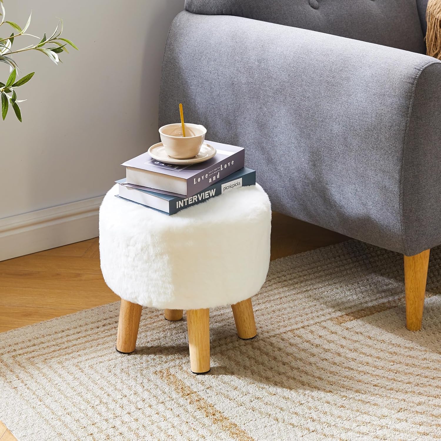 Detalle 2 de YMYNY Rotondo Sgabello Ottomano Poggiapiedi in Poliestere Spugna con Gambe in Legno Antiscivolo, 32×32×32 cm, Bianco HBD035W