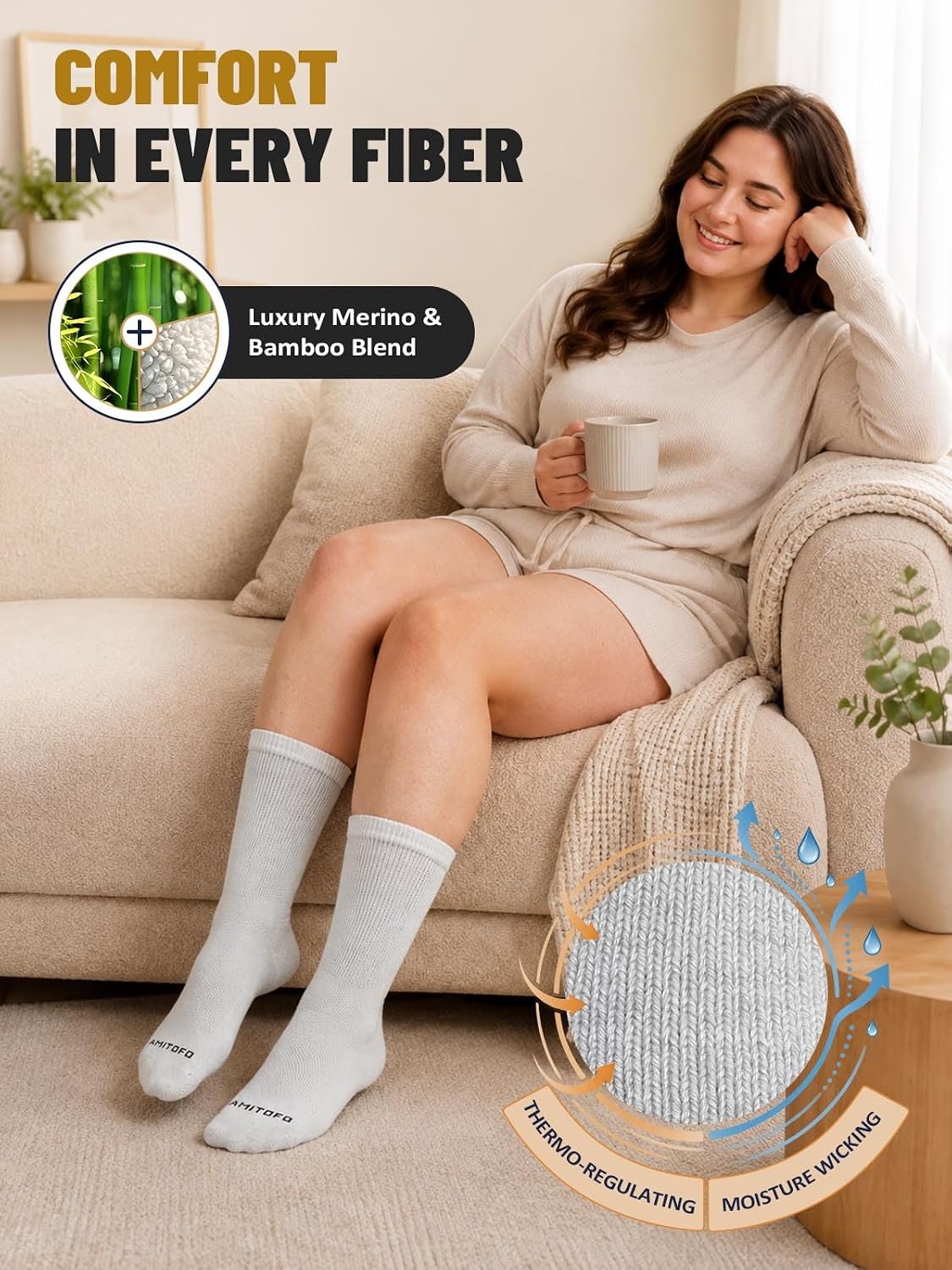 Detalle de ZFSOCK Diabetic Socks, 3 Pairs with Bamboo-Wool Blend, Seamless Toe & Cushioned Sole