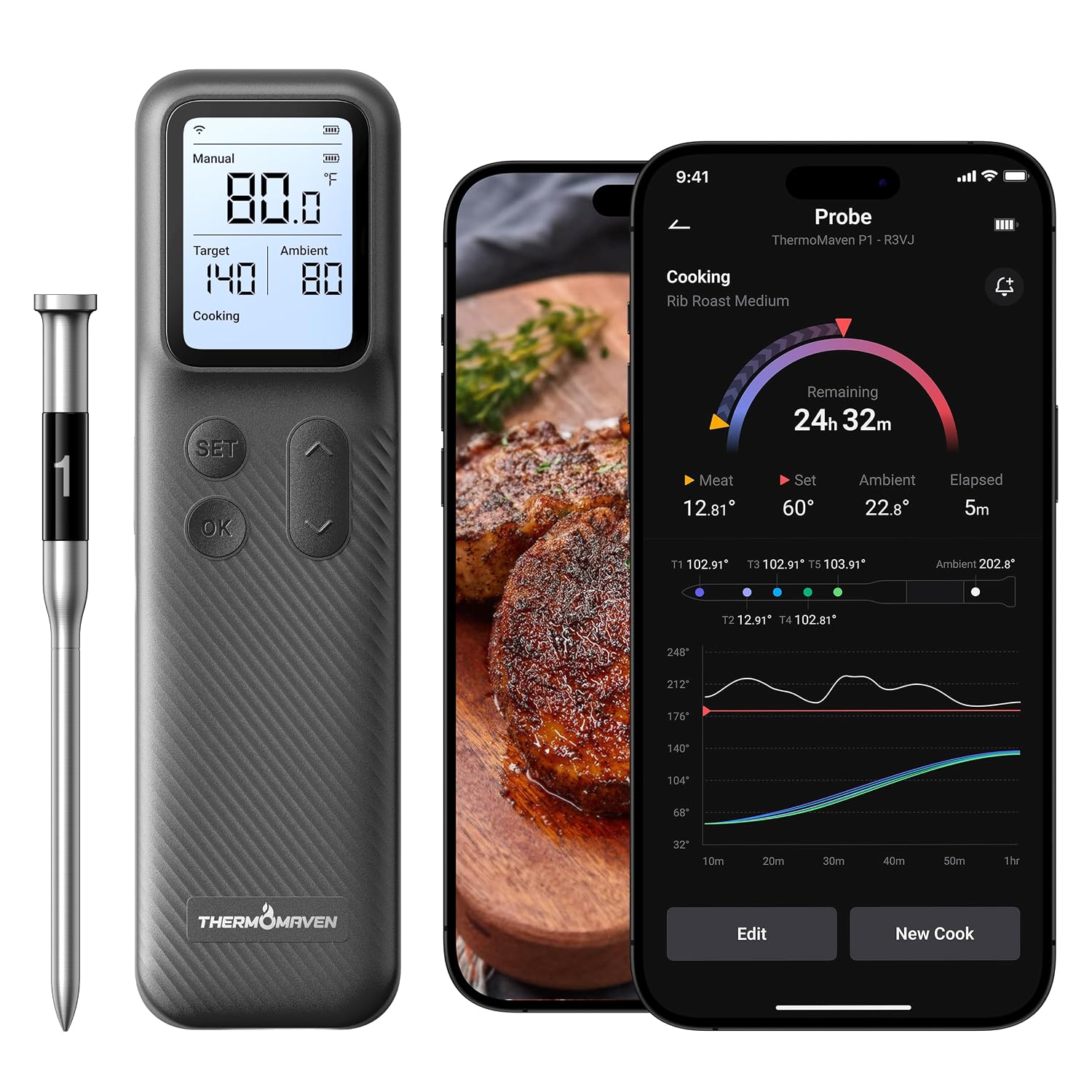 Detalle de ThermoMaven P1 WT11 Wireless Meat Thermometer, 6 Sensors, Wi-Fi