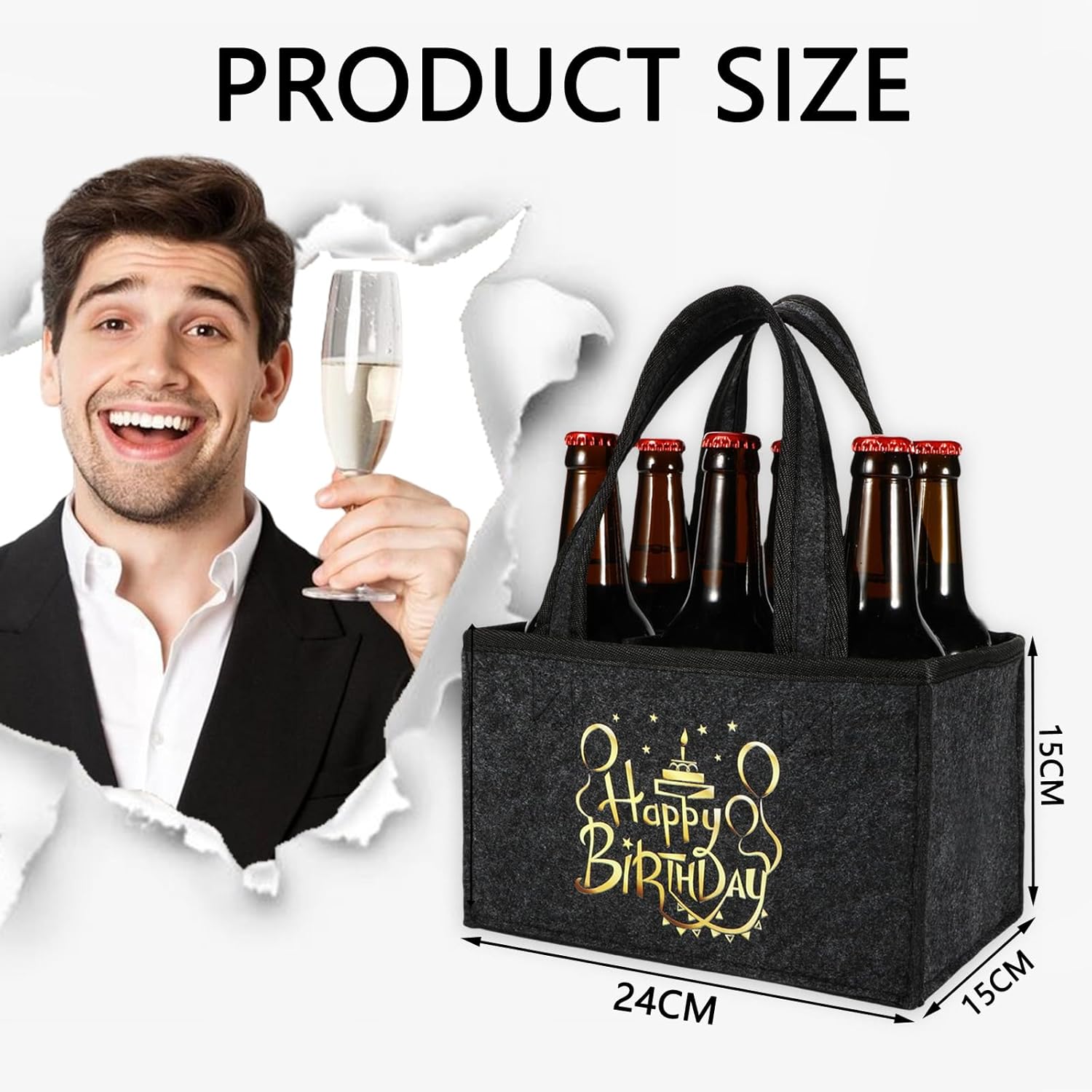Detalle de KHstylehoo Männerhandtasche Bier – Flaschentasche für 6 Flaschen mit „Happy Birthday“-Design