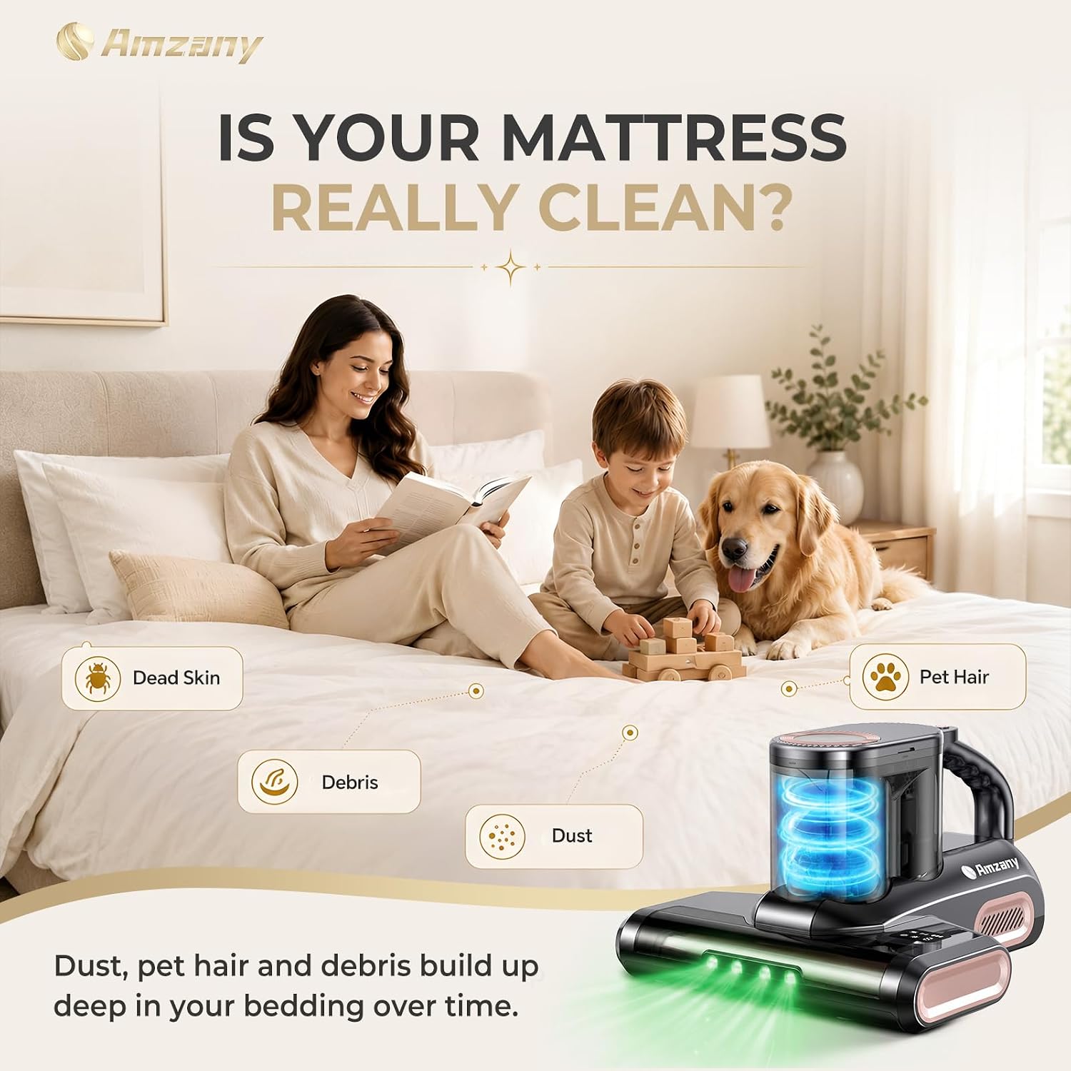 Detalle 2 de Amzany Cordless Mattress Vacuum with 18Kpa Suction, UV-C Light and HEPA Filter