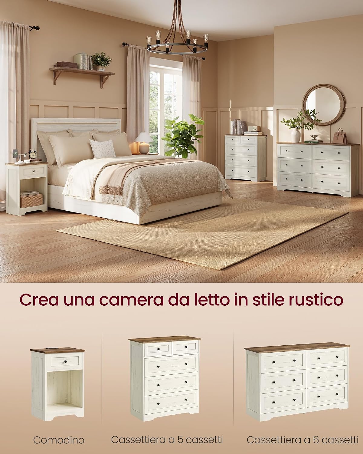 Thumbnail 5 de VASAGLE Siren LET628WJ01: Comodino con prese USB, cassetto e ripiano aperto, 40 x 30 x 59 cm, bianco/marrone