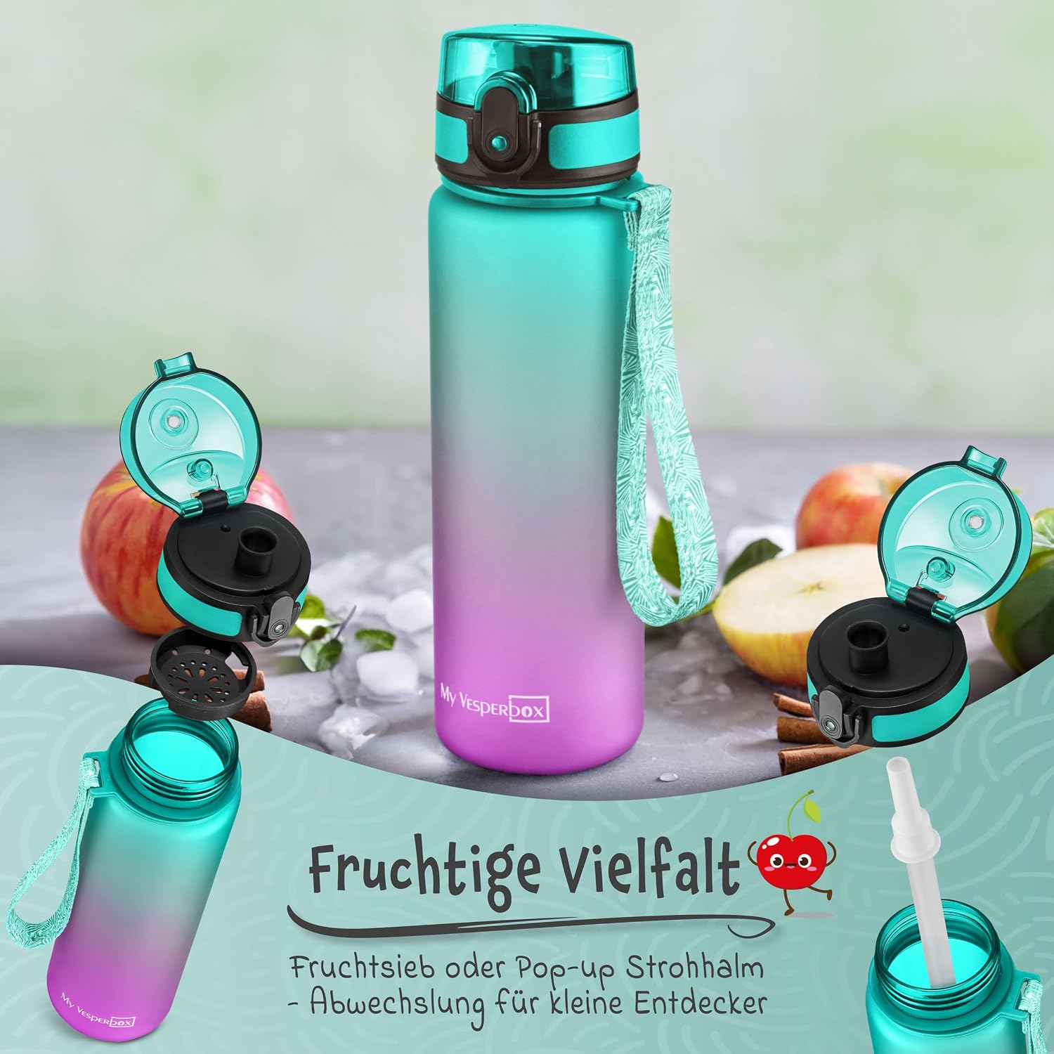Detalle de My Vesperbox Minny Kinder-Trinkflasche auslaufsicher 500 ml mit Strohhalm oder Sieb (Tritan, BPA-frei) – Lila/Grün