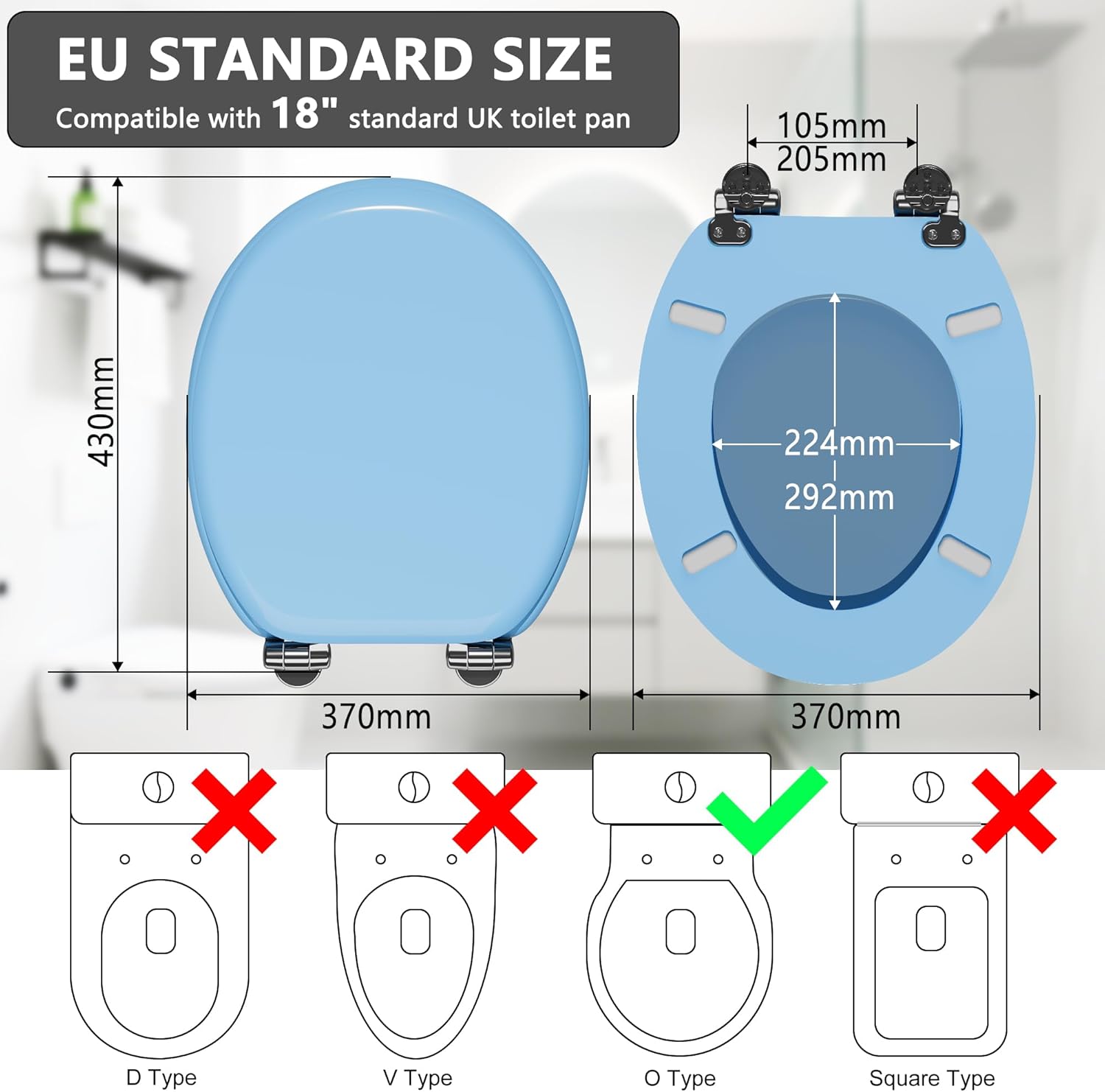 Detalle 2 de Angel Shield Wooden Toilet Seat with Adjustable Soft Close Hinges (Blue) – Quick Release & Removable Lid