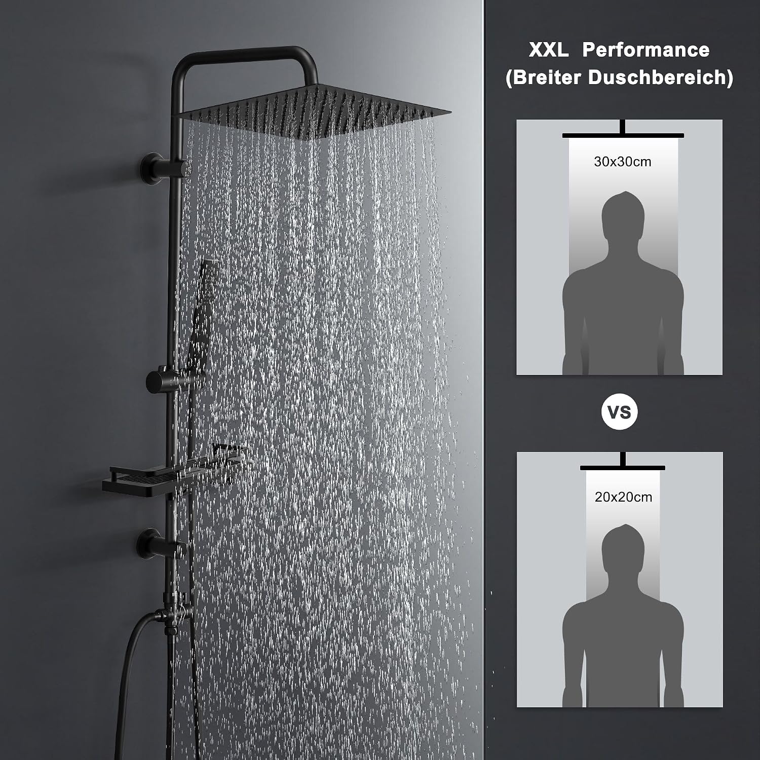Detalle de Görbach Colonna Doccia in Acciaio Inox senza Miscelatore con Soffione 30×30 cm, asta regolabile e mensola, set doccia a pioggia Nero