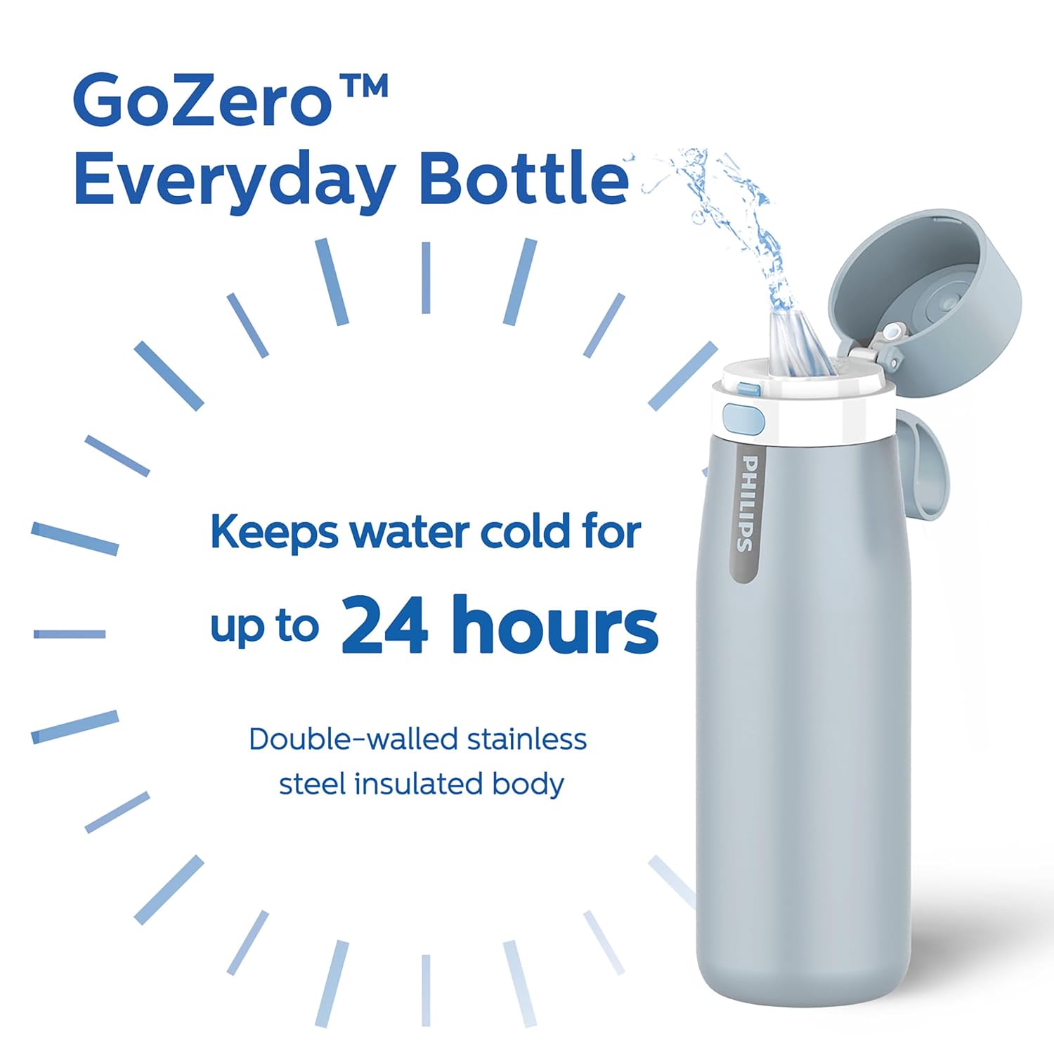 Detalle 1 de PHILIPS AWP2771BLO/37 Filtered Water Bottle, Insulated Stainless Steel, Blue