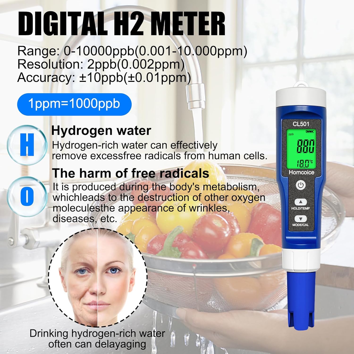 Thumbnail 4 de Homcoice 5-in-1 Pool-Wasserqualitätsmessgerät: pH, freies Chlor, ORP/Redox, Wasserstoff (H₂) & Temperatur