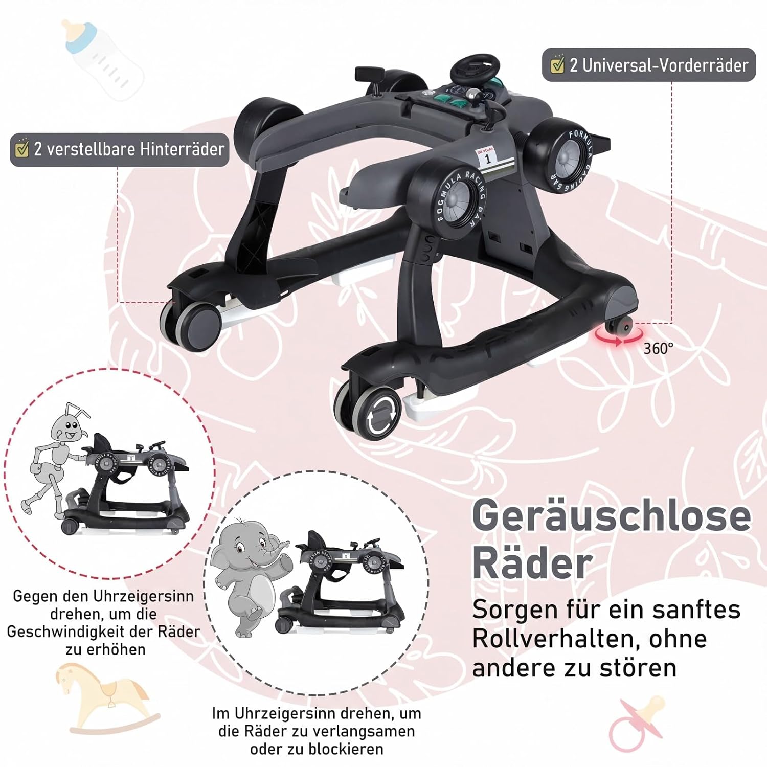 Thumbnail 6 de COSTWAY 4-in-1 Lauflernhilfe (dunkelgrau) mit klappbarem Lauflernwagen, Musikbox, Licht & Rädern – für ca. ab 6 Monaten, bis 12 kg