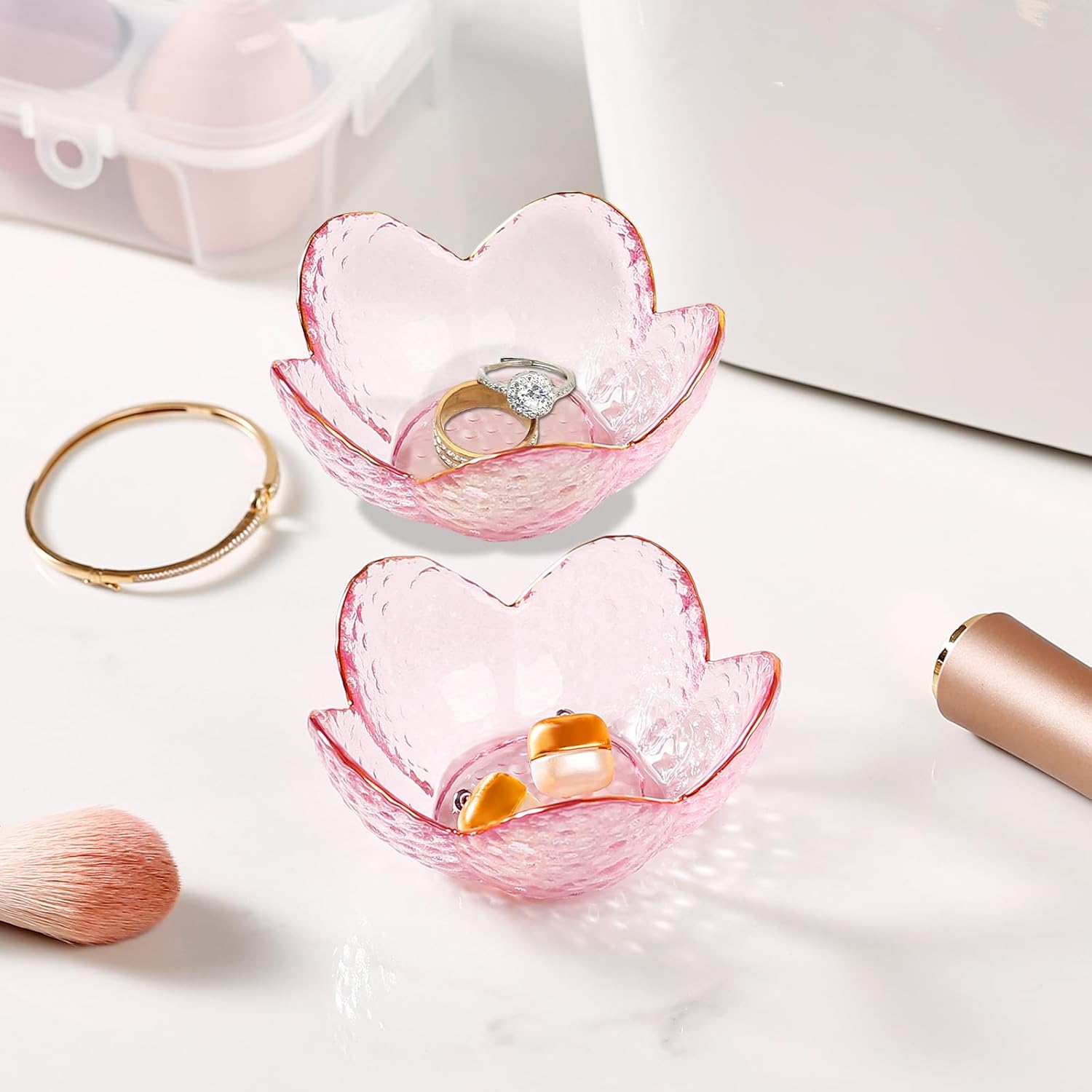 Thumbnail 6 de Binoster Pink Flower Trinket Dish Set (2 pcs) – Jewellery and Ring Holders for Small Desk or Bedroom Storage