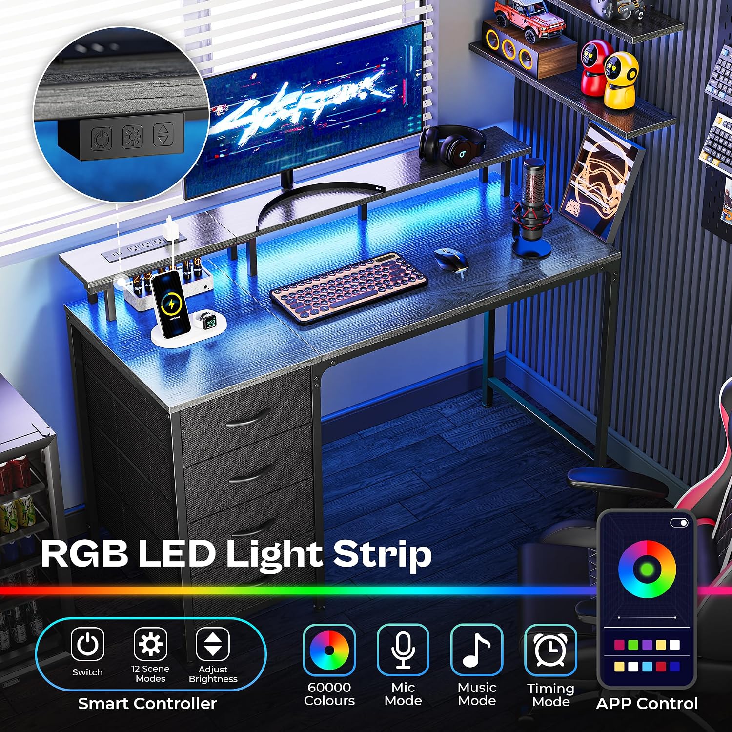 Detalle de Huuger 47 Inch Computer Desk with Power Outlets and LED Lights (4 Drawers, Monitor Stand)