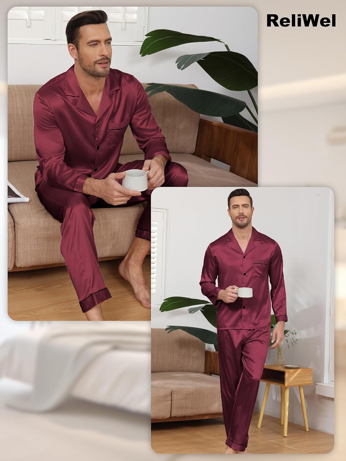 Detalle de Reliwel herenpyjamaset met lange mouwen en lange broek, polyester-elastaan
