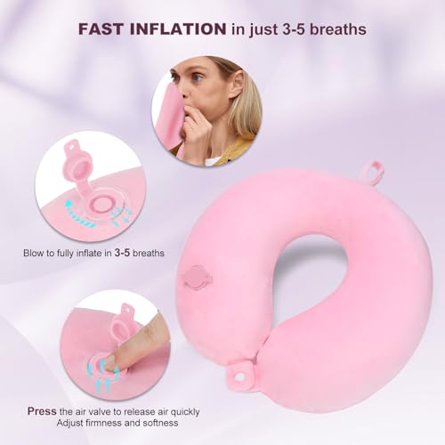 Detalle 2 de Cirorld almohada de viaje hinchable para cuello (rosado), con máscara de ojos, tapones y bolsa