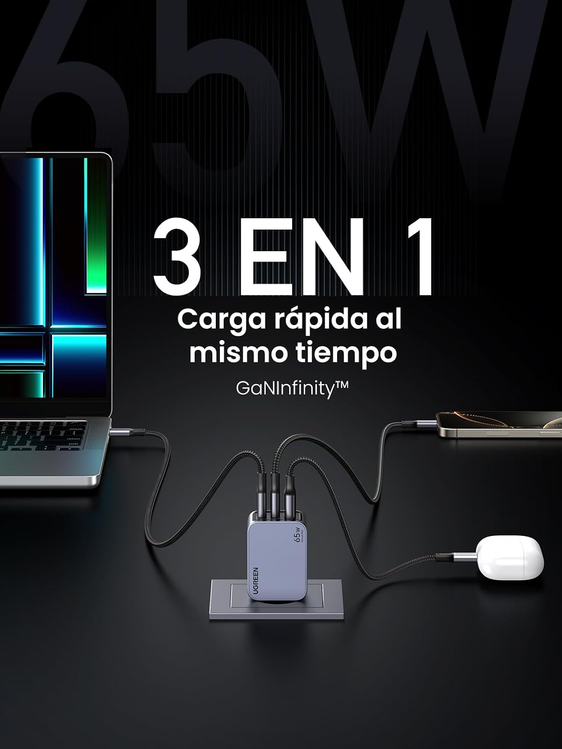 Detalle 2 de UGREEN Nexode Pro 65W cargador GaN 3 puertos